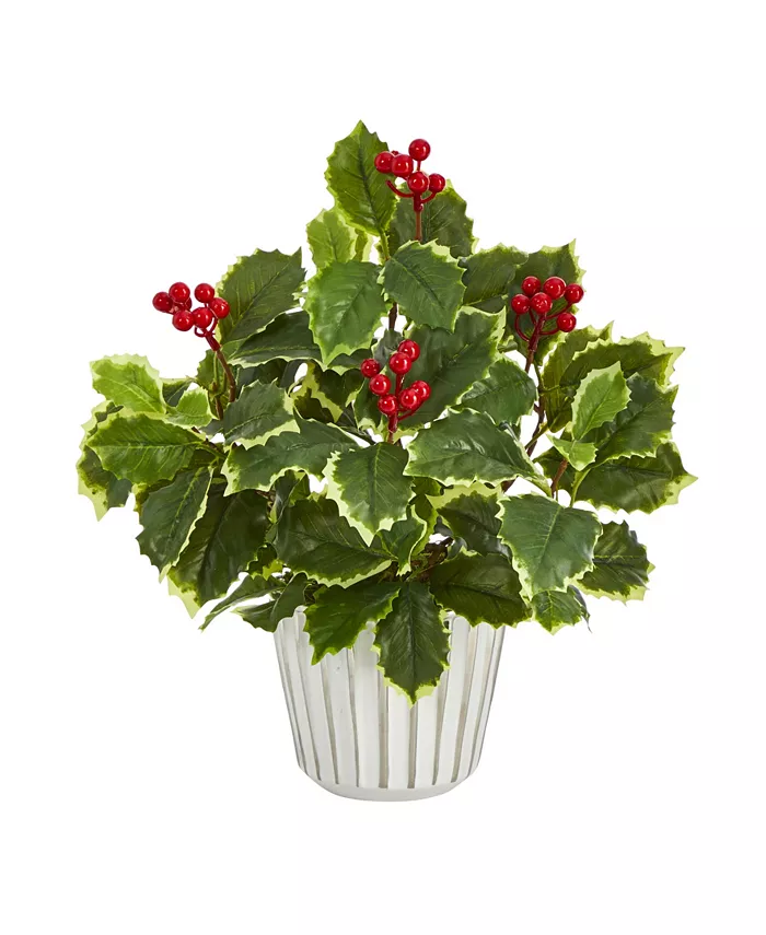 Nearly Natural Variegated Holly Leaf Artificial Plant in Planter with Trimming， Real Touch
