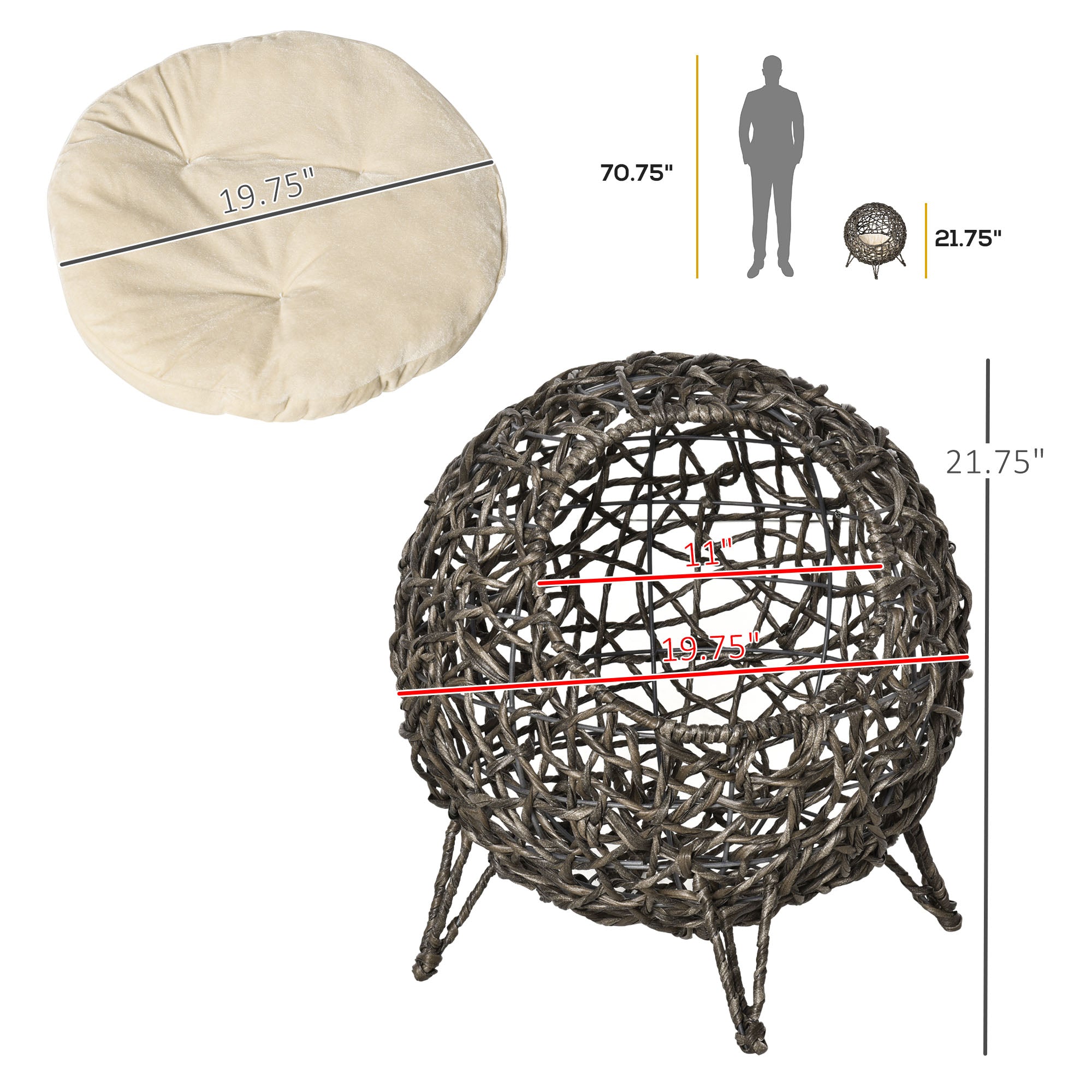 PawHut Wicker Cat Bed Elevated Rattan Kitten Basket Cozy Cave w/ Soft Cushion