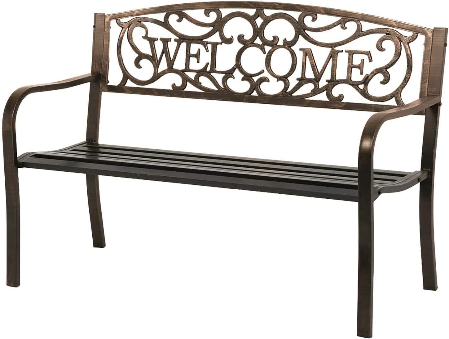 50" Metal Patio Garden Bench, Steel Frame Porch Chair with Armrests Outdoor Bench Park Yard Outdoor Furniture for Patio