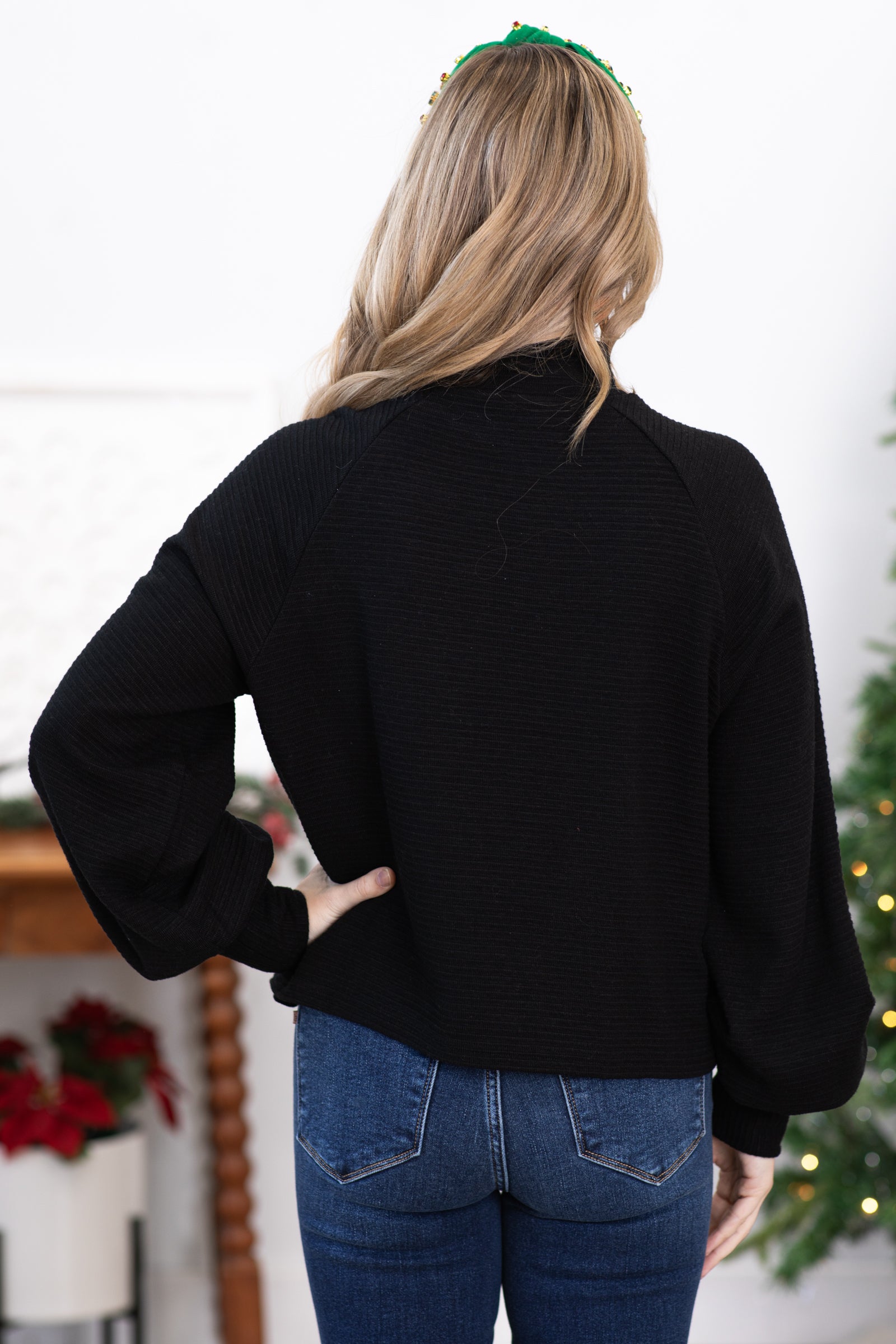 Black Mock Neck Ribbed Raglan Sleeve Top