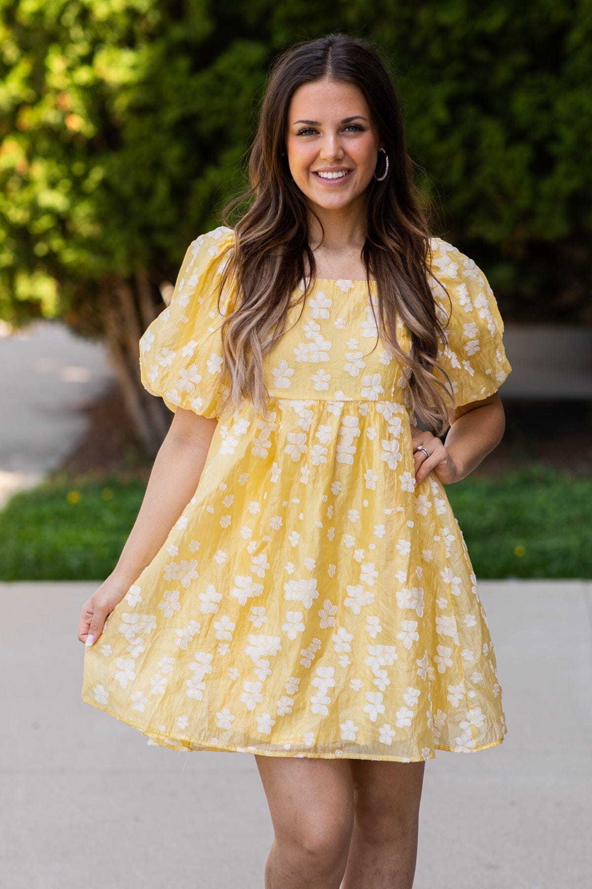 Pastel Yellow Floral Puff Sleeve Dress
