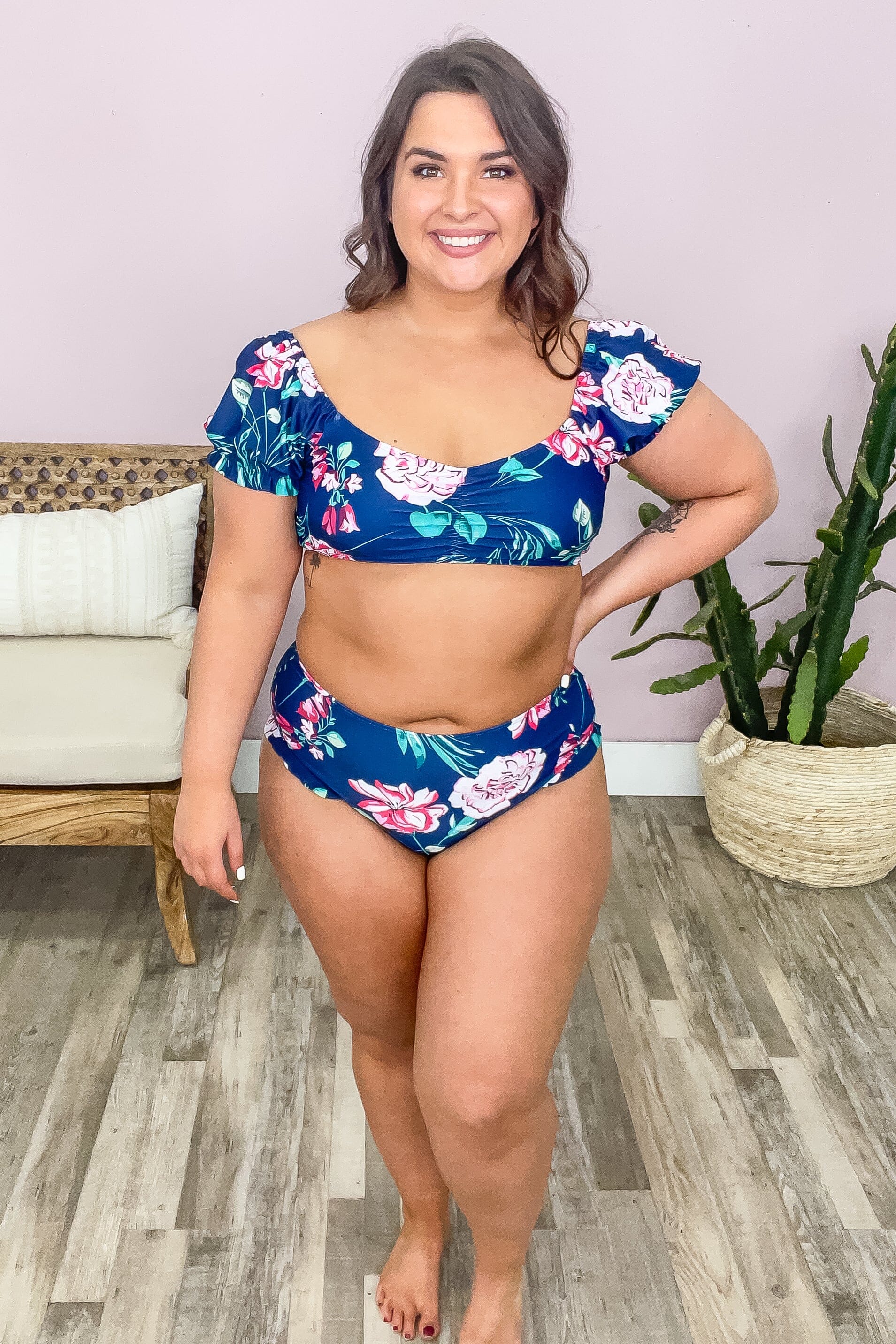 Navy Floral Ruffle Trim Two Piece Swimsuit