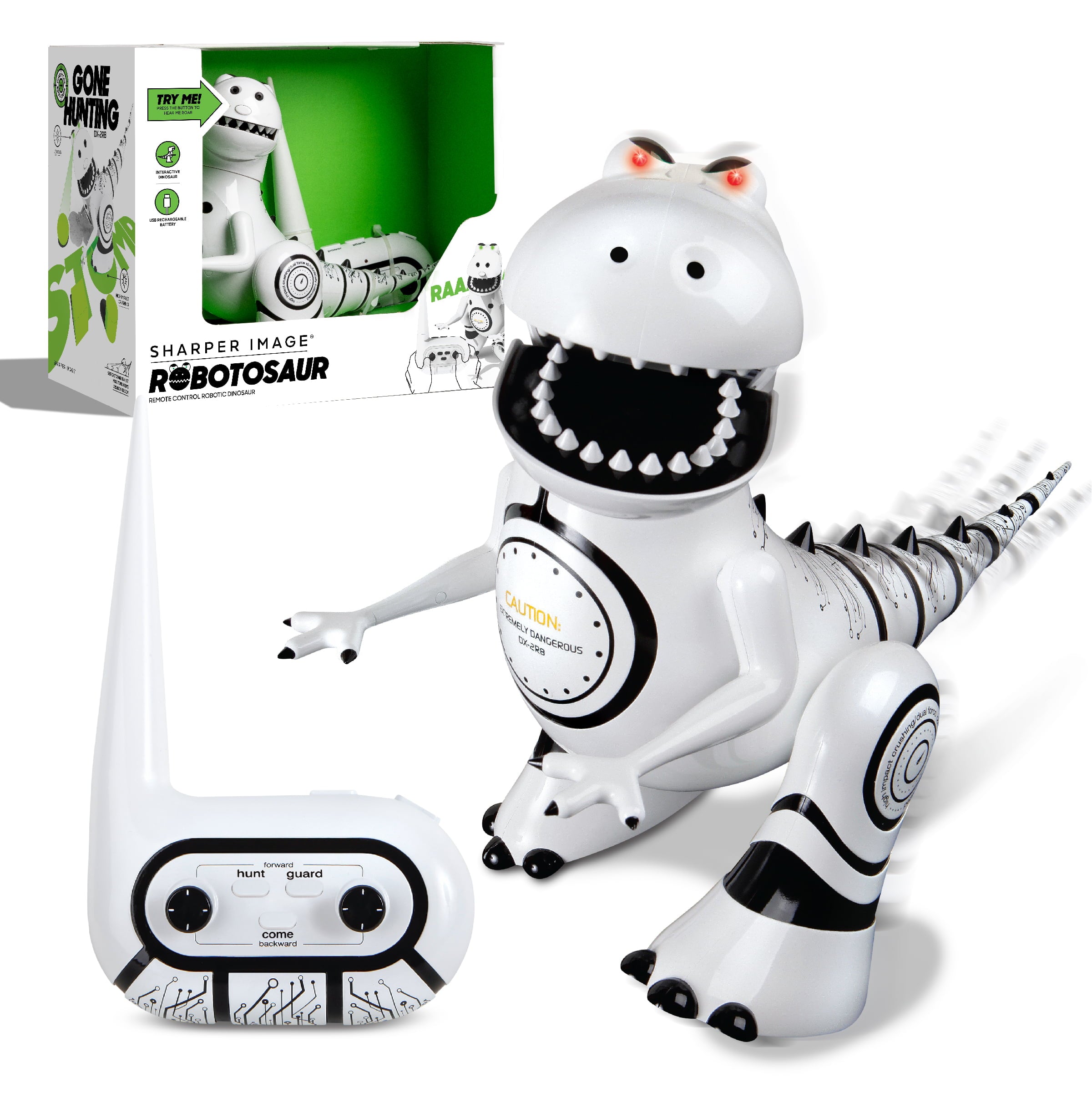 Sharper Image Interactive RC Robotosaur Dinosaur， Built-in Mood Sensors and Color-Changing LED Eyes， Motion Detection， Growls， Snores， Battery Operated- White/Black