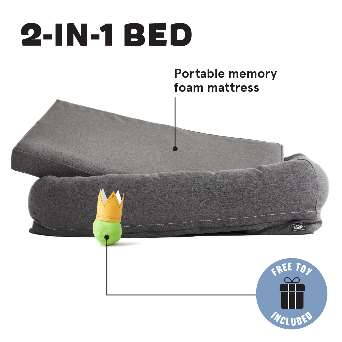 BARK 2-in-1 Memory Foam Cuddler Dog Bed | Plush Orthopedic Joint Relief Crate Lounger or Donut Pillow Bed， Machine Washable + Removable Cover | Waterproof Lining | Includes Toy