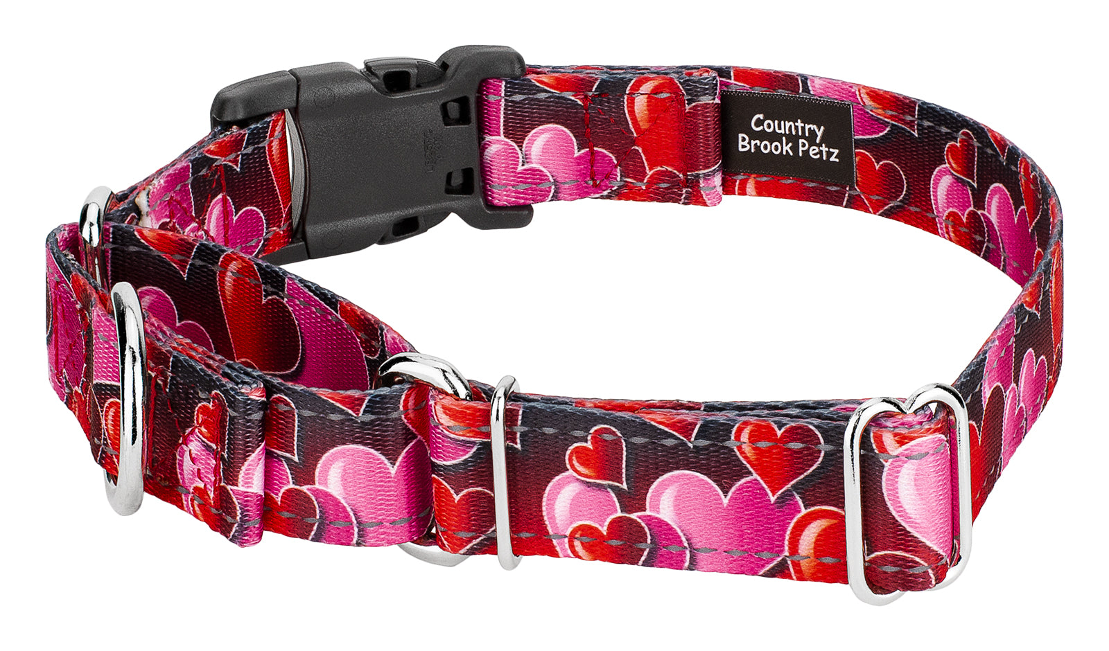 Country Brook Petz® Romantic Hearts Reflective Martingale Dog Collar with Deluxe Buckle， Extra Large