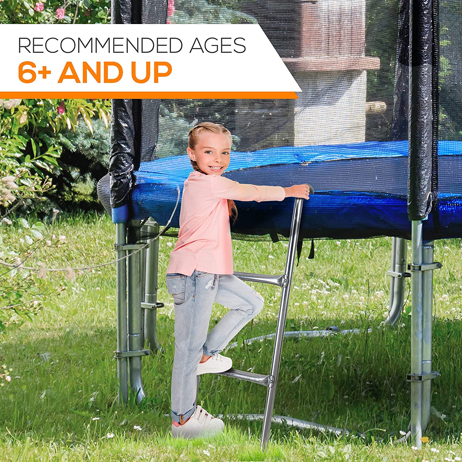 SereneLife 2 Step Weather Resistant Galvanized Steel Trampoline Access Climbing Ladder - 4.7 inch.