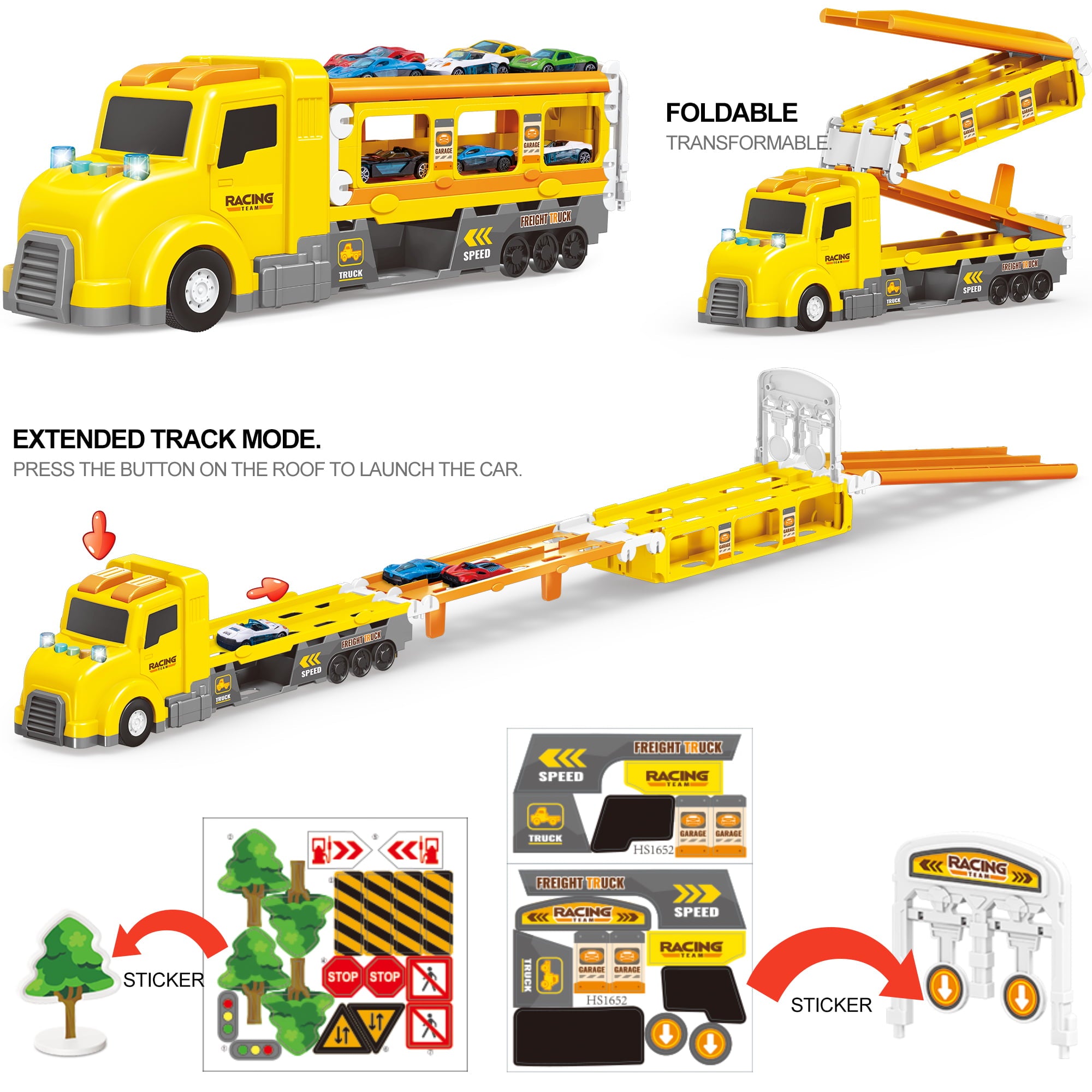 Beefunni Car Carrier Truck for Kids Age 3-8 Sound and Light Transport 7 in 1 Vehicle Playset Racing Game w/ Launch Track