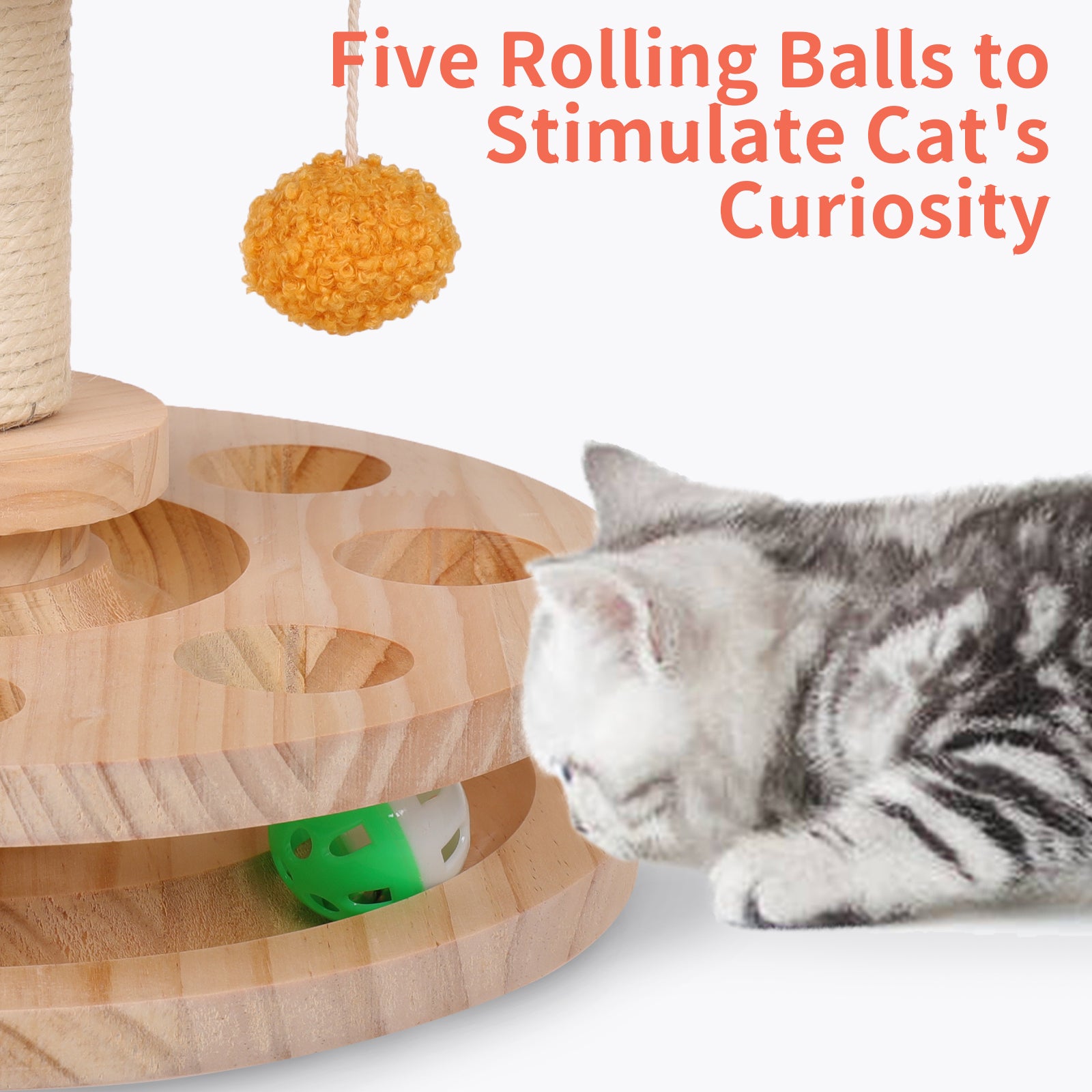 DENTRUN Cat Toy Roller， Interactive Cat Turntable Ball Track with Scratching Post Dangling Ball， Wood Maze Play Toy Ball for Indoor Cats Kittens