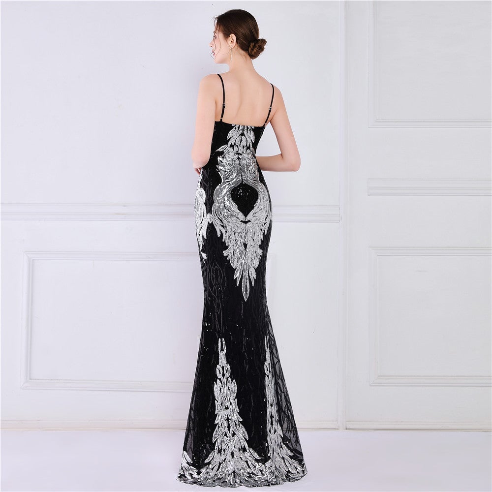 Wings Pattern Sequin Mesh Strappy Gown