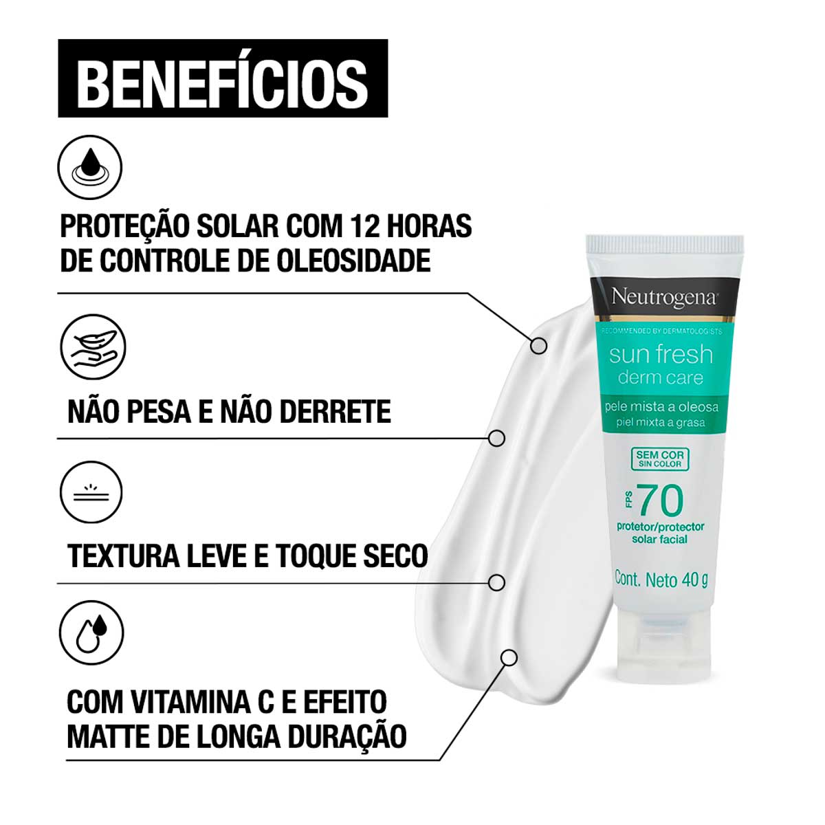 Protetor Solar Facial FPS 70 Neutrogena Sun Fresh Derm Care Sem Cor 40g