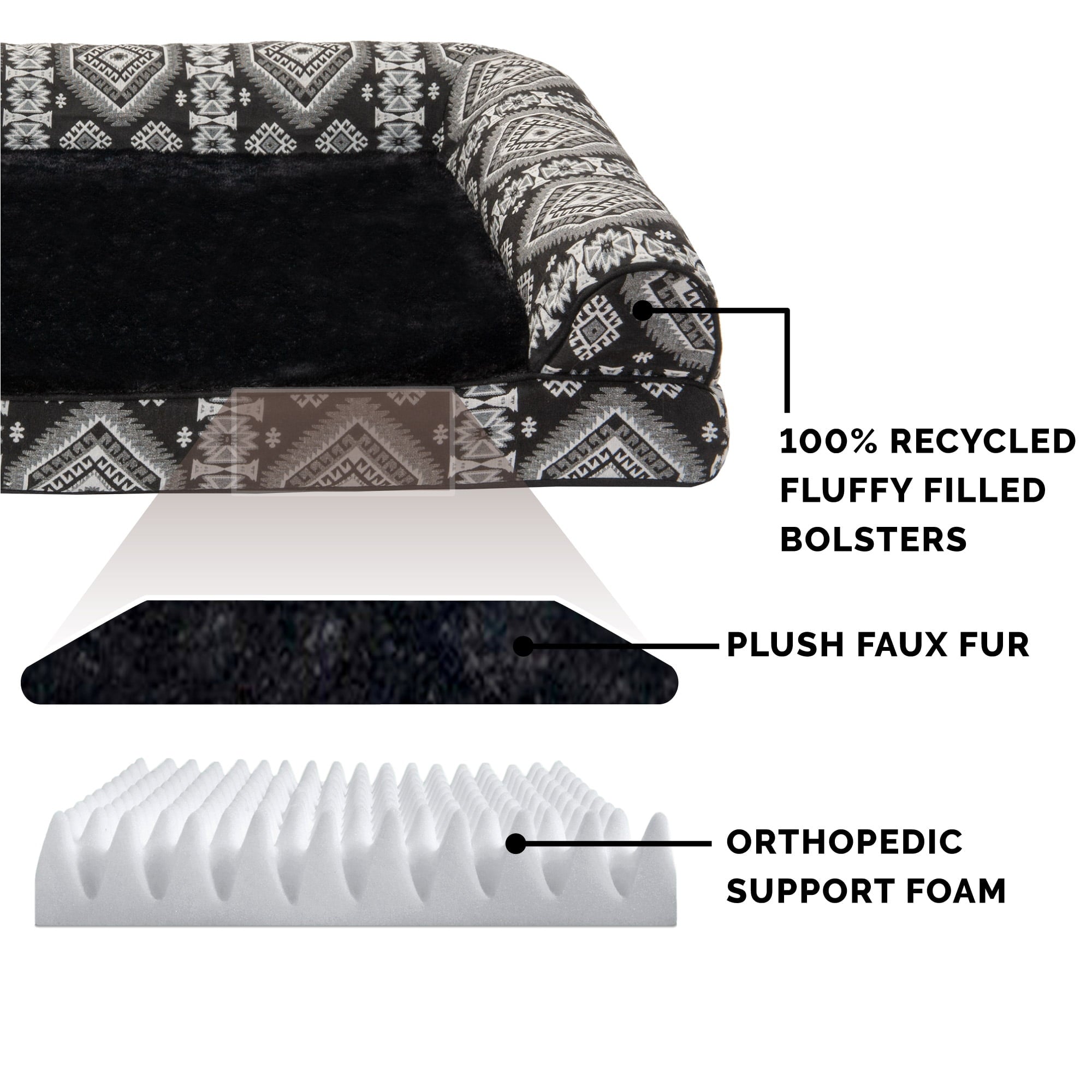 FurHaven | Deluxe Orthopedic Southwest Kilim L-Chaise Lounge Pet Bed for Dogs and Cats， Black Medallion， Large