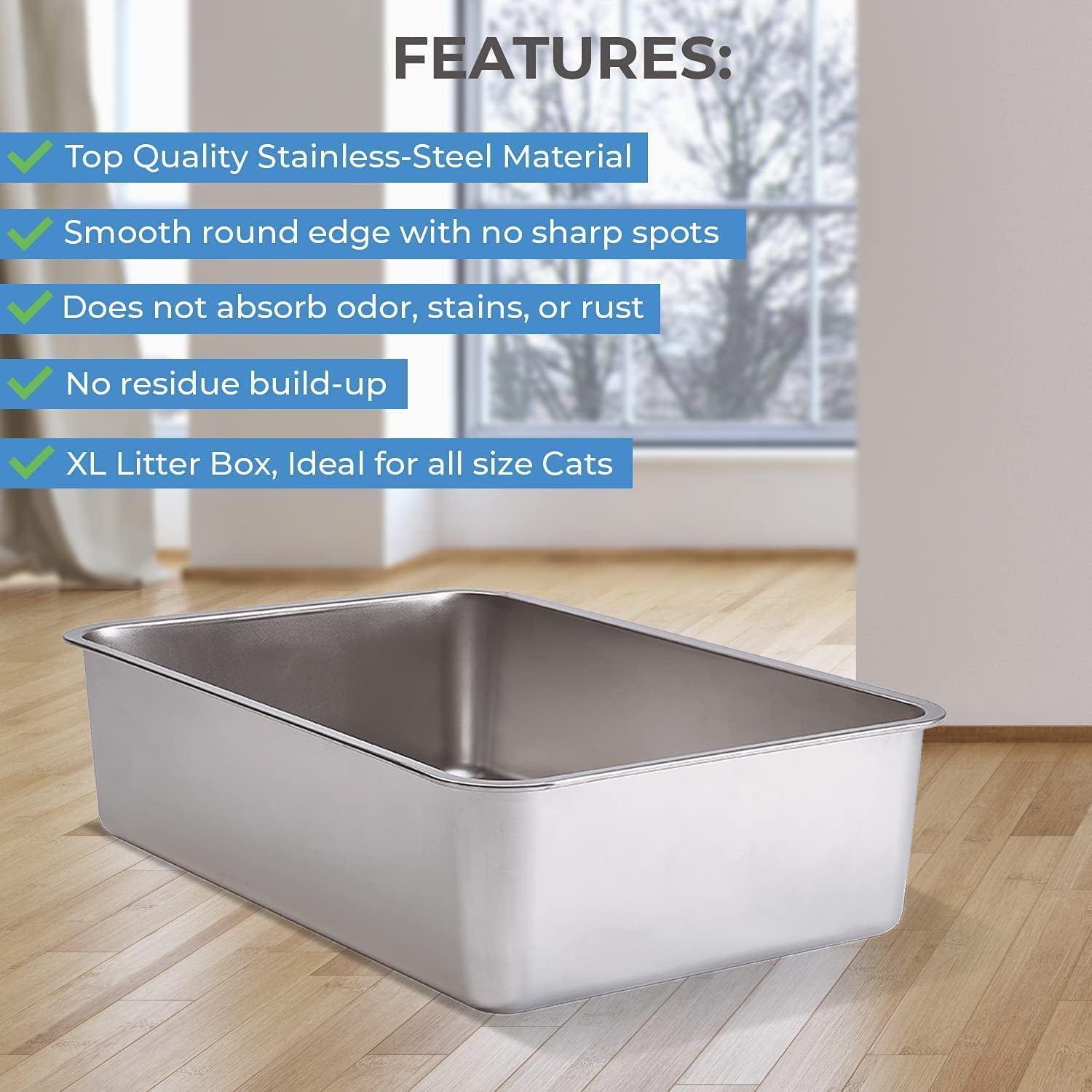 Stainless Steel Cat Litter Box + Cat Litter Scoop， Extra Large Litter Box Has High Sides， Doesn't Absorb Odor， Rust or Stains， Cat Litter Scooper has Aluminum Alloy Sifter， Metal Scooper， Deep shovel.