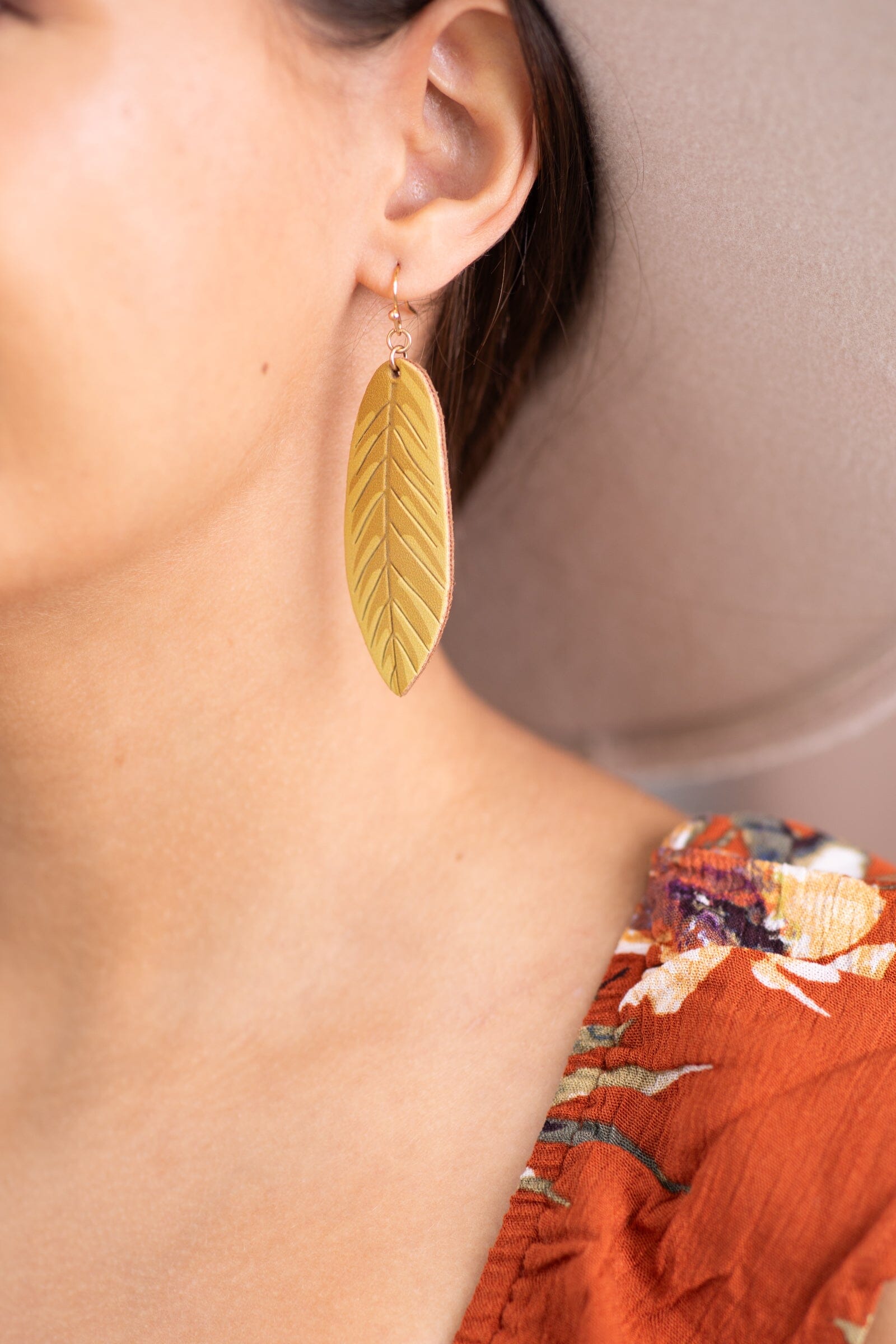 Mustard Geniune Leather Leaf Shaped Earrings