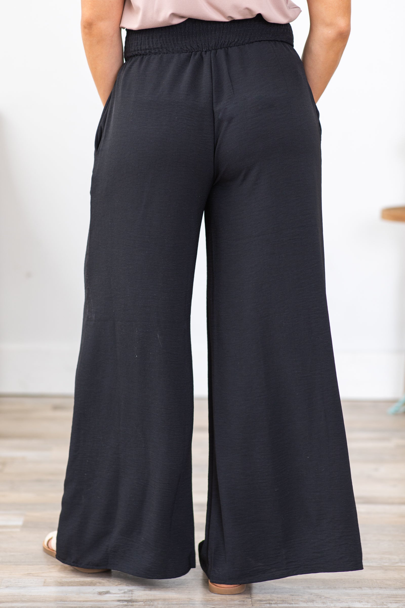 Black Smocked Waist Woven Air Flow Pants