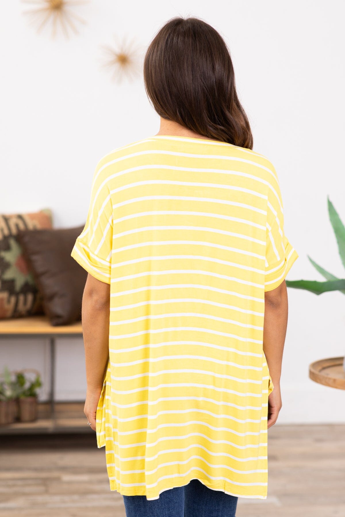 Yellow and Off White Stripe V-Neck Top