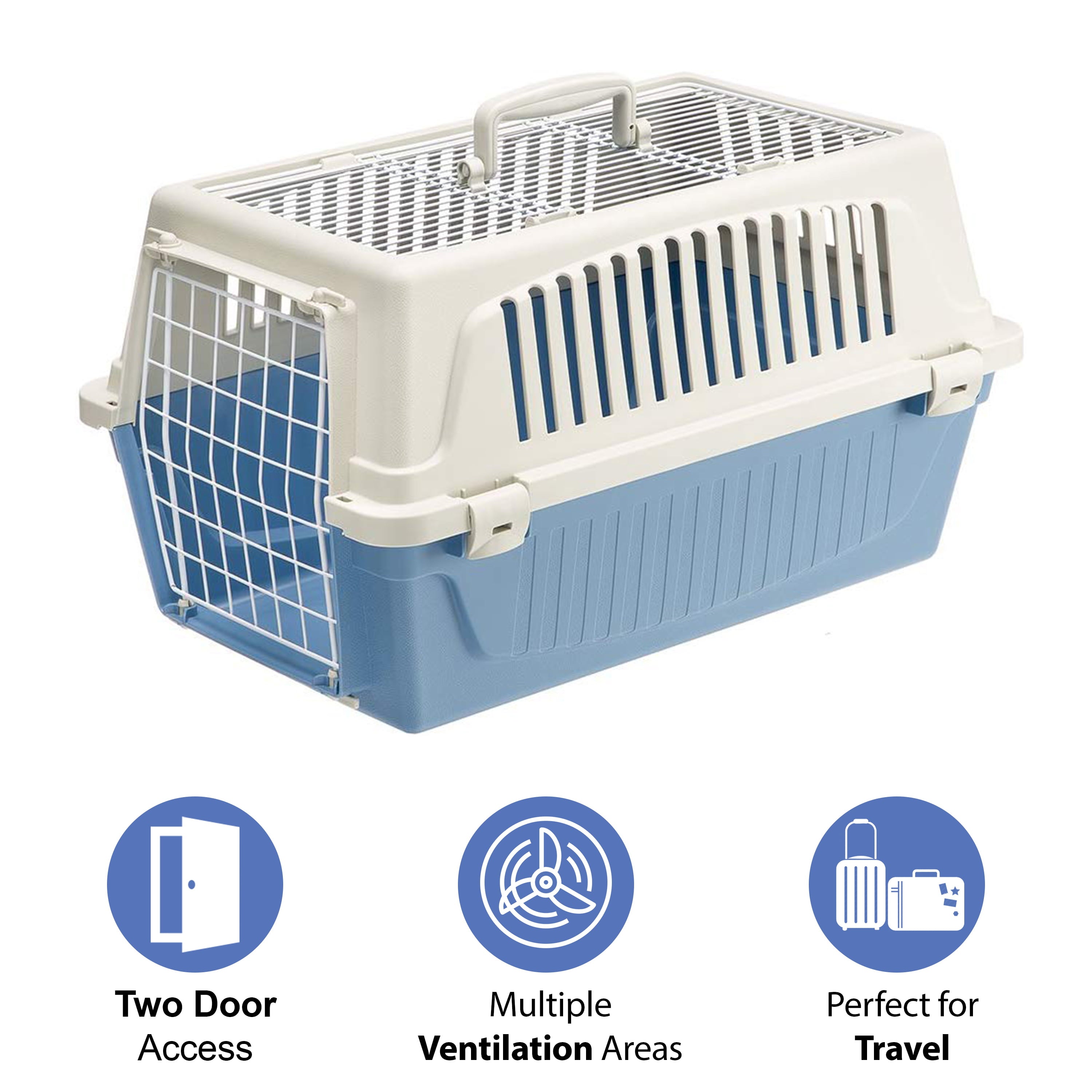 ATLAS Two Door Top Load Plastic Kennel and Pet Carrier， Blue 22-Inch