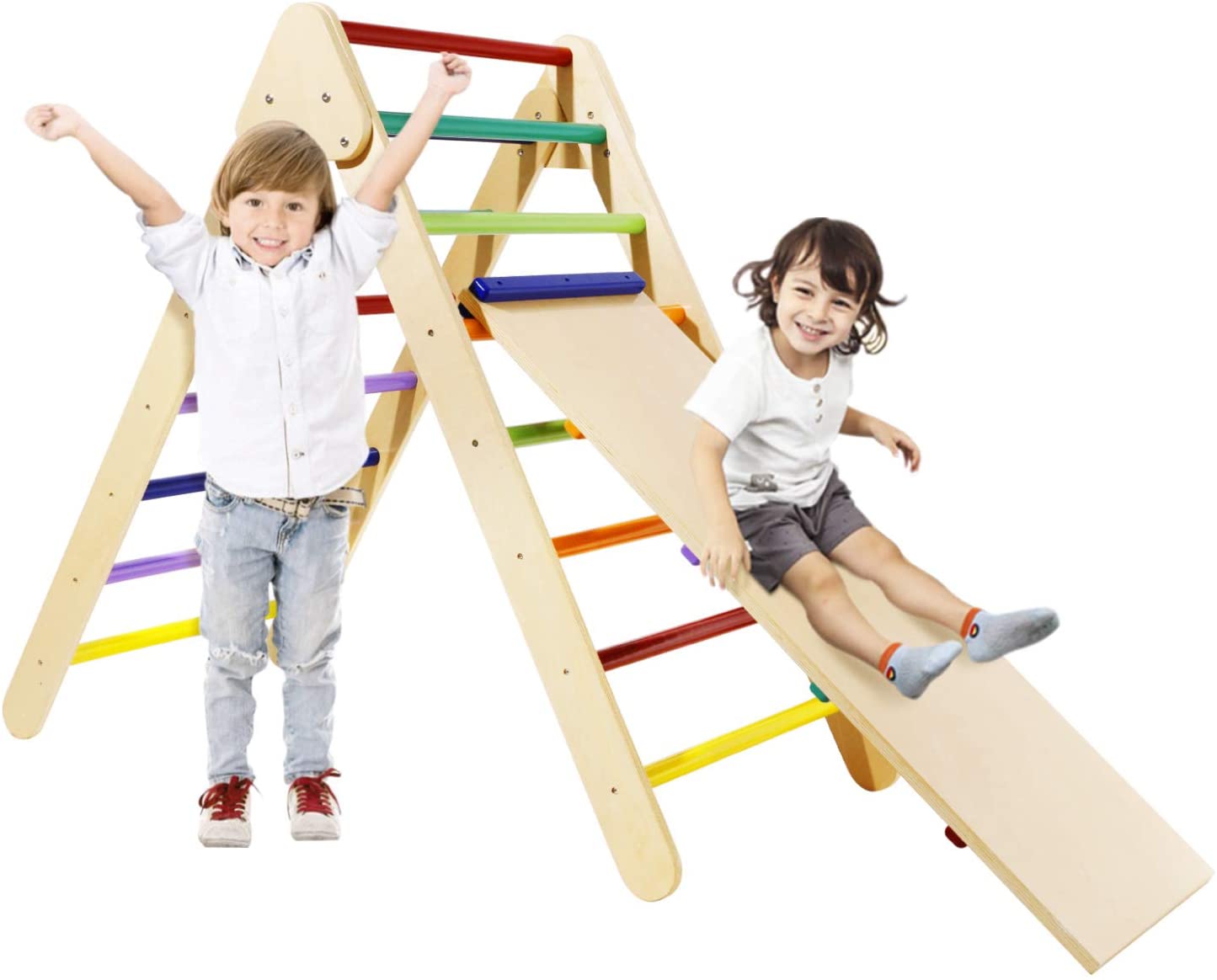 LAZY BUDDY Foldable Climbing Triangle with Ramp， Wooden Climber Ladder Indoor Outdoor Sliding Climbing Toy for Kids 2-7 Years