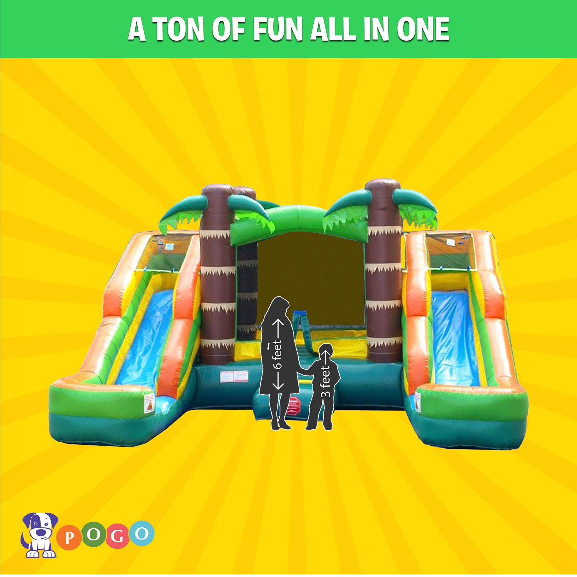 Pogo Bounce House Crossover Tropical Inflatable Double Water Slide Bounce House， Backyard Party Package