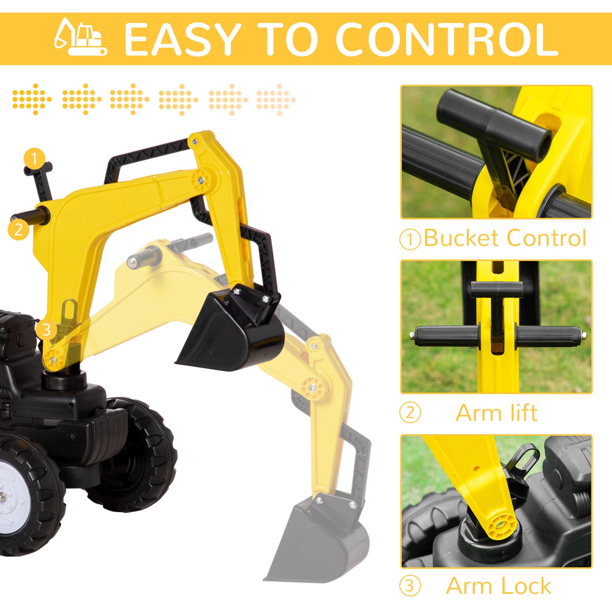 Aosom Kids Ride-On Construction， Pedal Excavator/Digger Toy with Horn for Kids and Toddlers 3+， Yellow