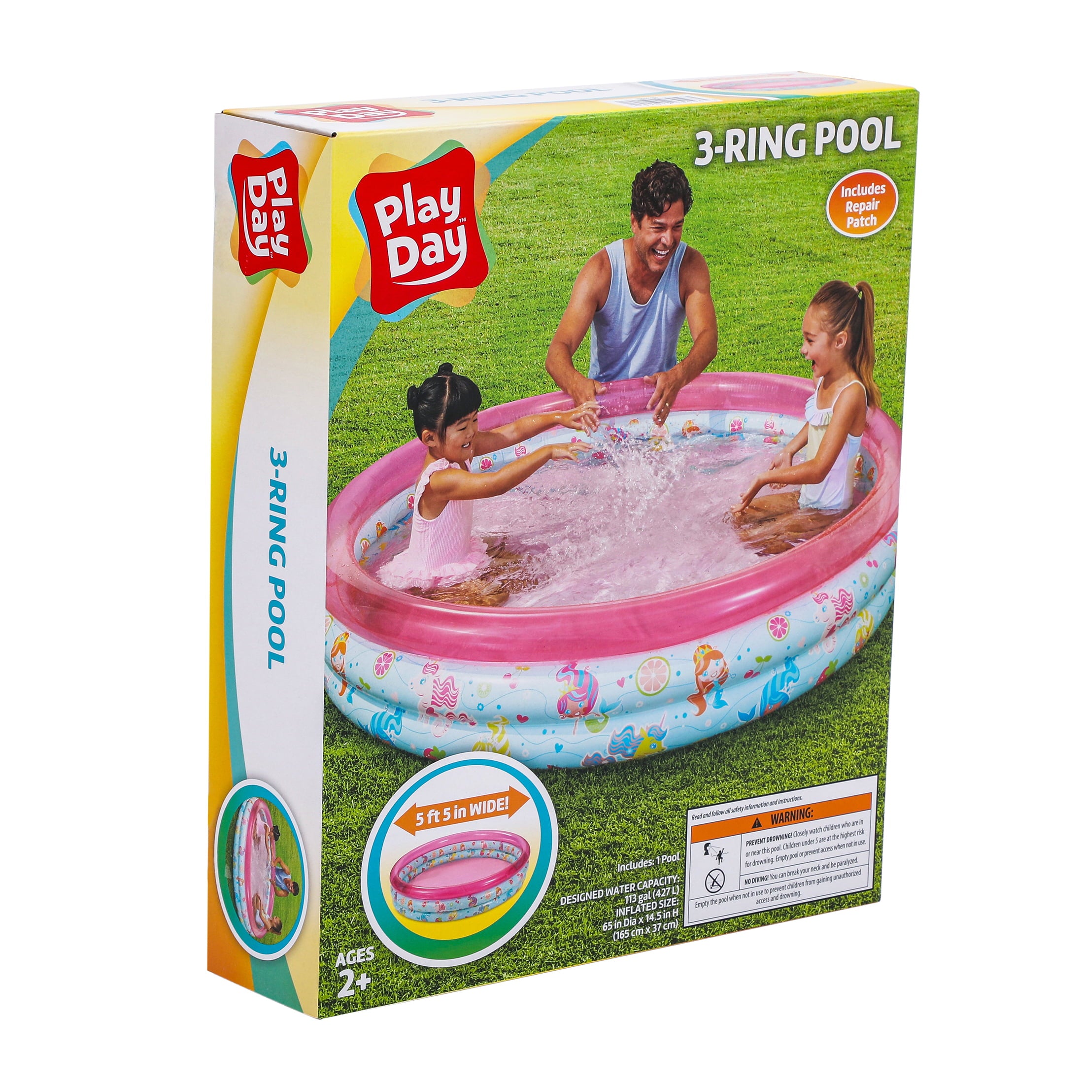 Round Inflatable 3-Ring Kiddie Splash Play Pool， Pink， For Kids， Age 2 and up， Unisex