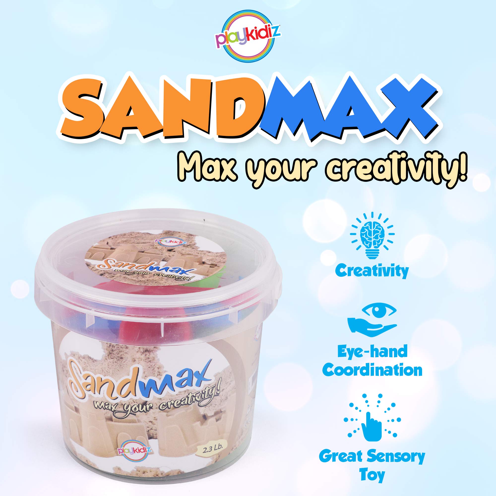 Playkidz Sandmax 2.3LB Bucket - Beach Day Fun Playset with Castle Molds, Tools, and Clingy Moving Sand -Reusable Storage Container - Sensory Activity and Development - Ages 3+