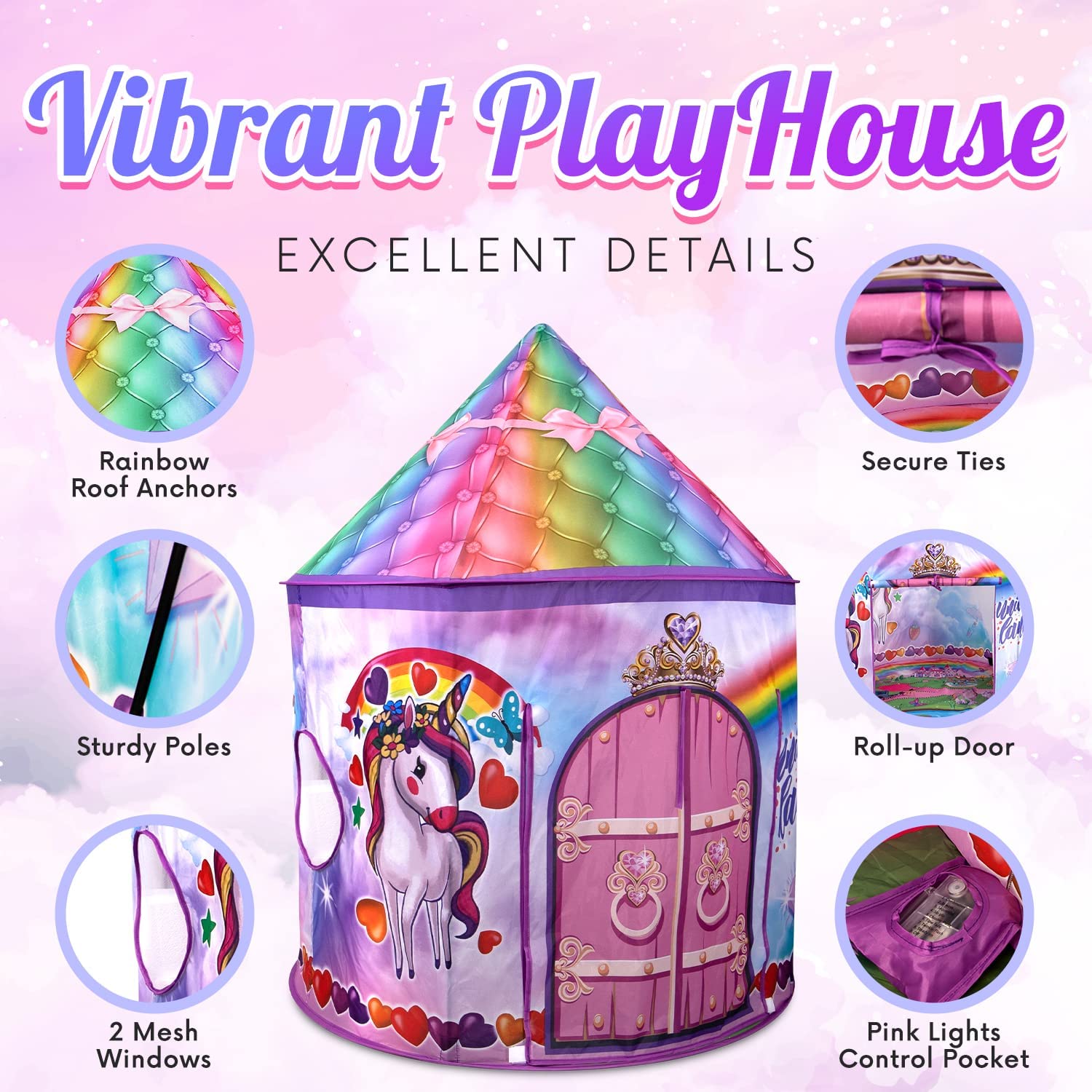 Homeries Unicorn Kids Tent - Sturdy, Large Play Tent Castle Set with Unicorn Chariot Toy & 8 Modes of Mystical LED Lights