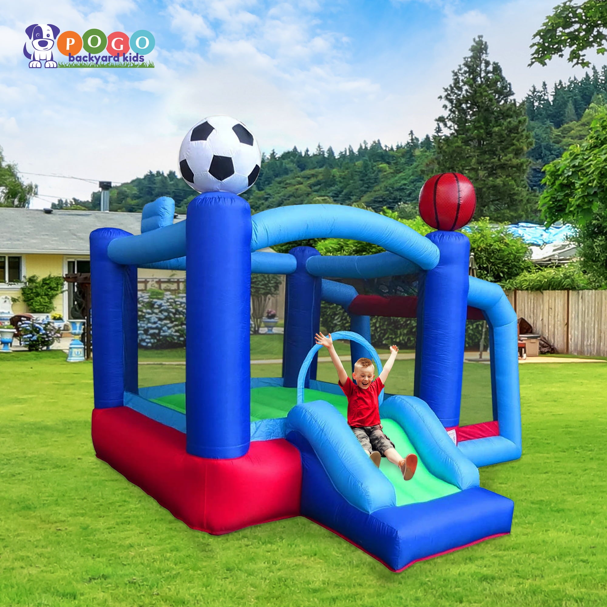 Pogo Bounce House Backyard Kids Sports Arena Inflatable Bounce House with Soccer Goal