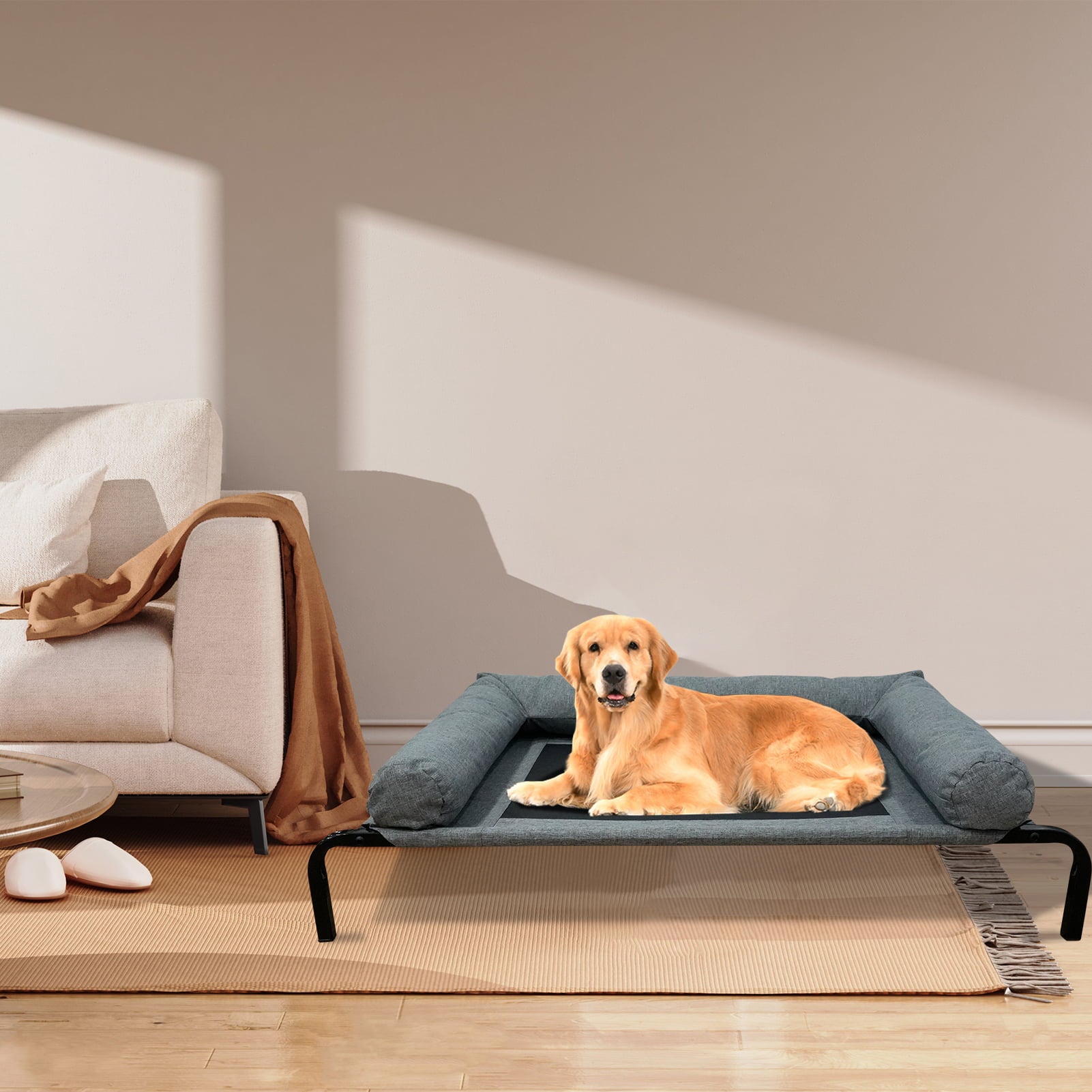 Elevated Dog Bed Cot，Portable Indoor and Outdoor Pet Hammock Bed， Raised Dog Bed Frame with Breathable Mesh and Removable Bolsters，Grey， 40INCH