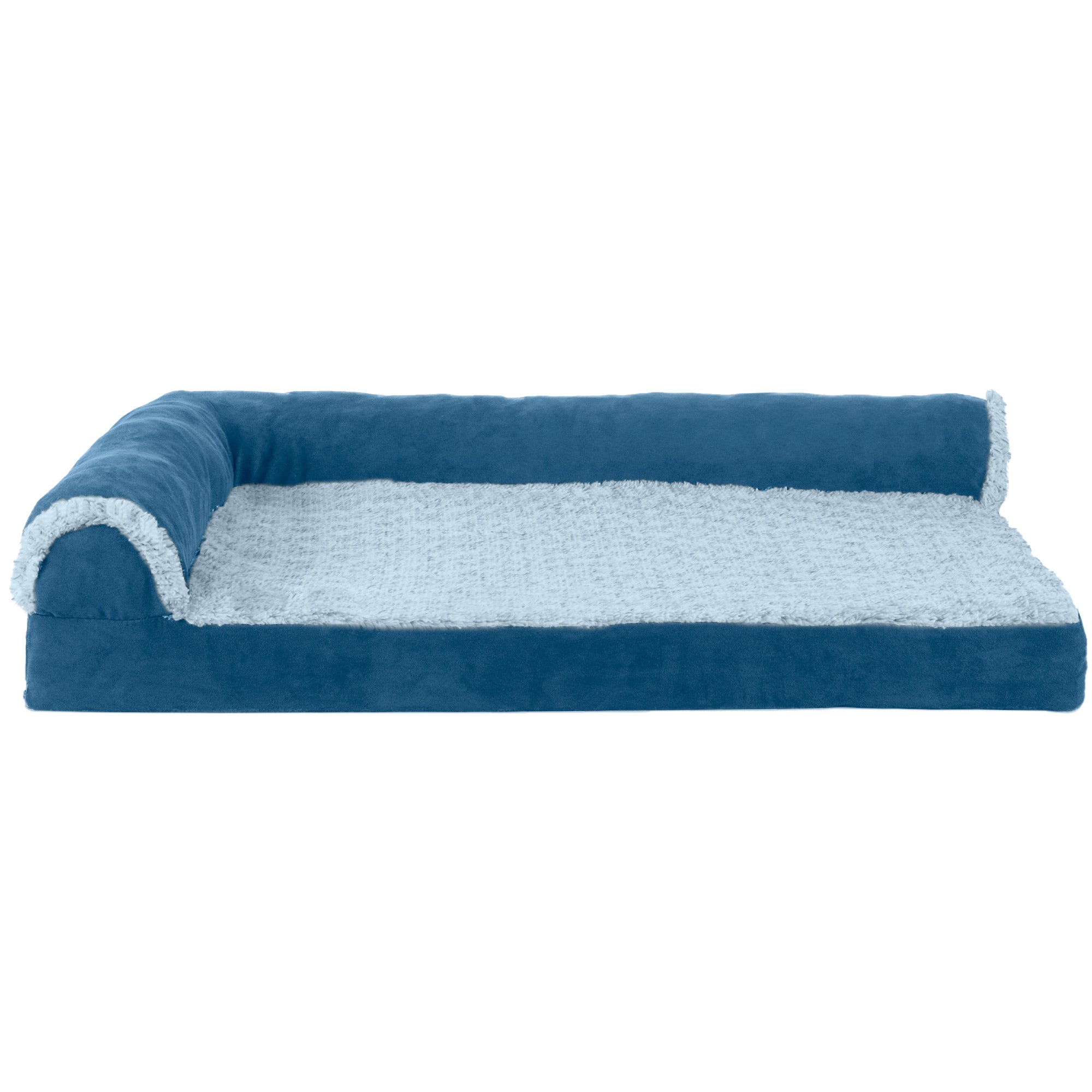 FurHaven | Deluxe Orthopedic Faux Fur and Suede L-Chaise Lounge Pet Bed for Dogs and Cats， Marine Blue， Medium