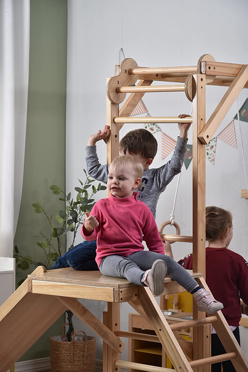 Avenlur Grove Indoor Jungle Gym Playground Wood PlaySet with Monkey Bars and Rope Wall Net， Kids Adventure， Ladder， Climber， Slide， Ring Set Play Structure Ages 2 - 11 (Large， Natural Wood)