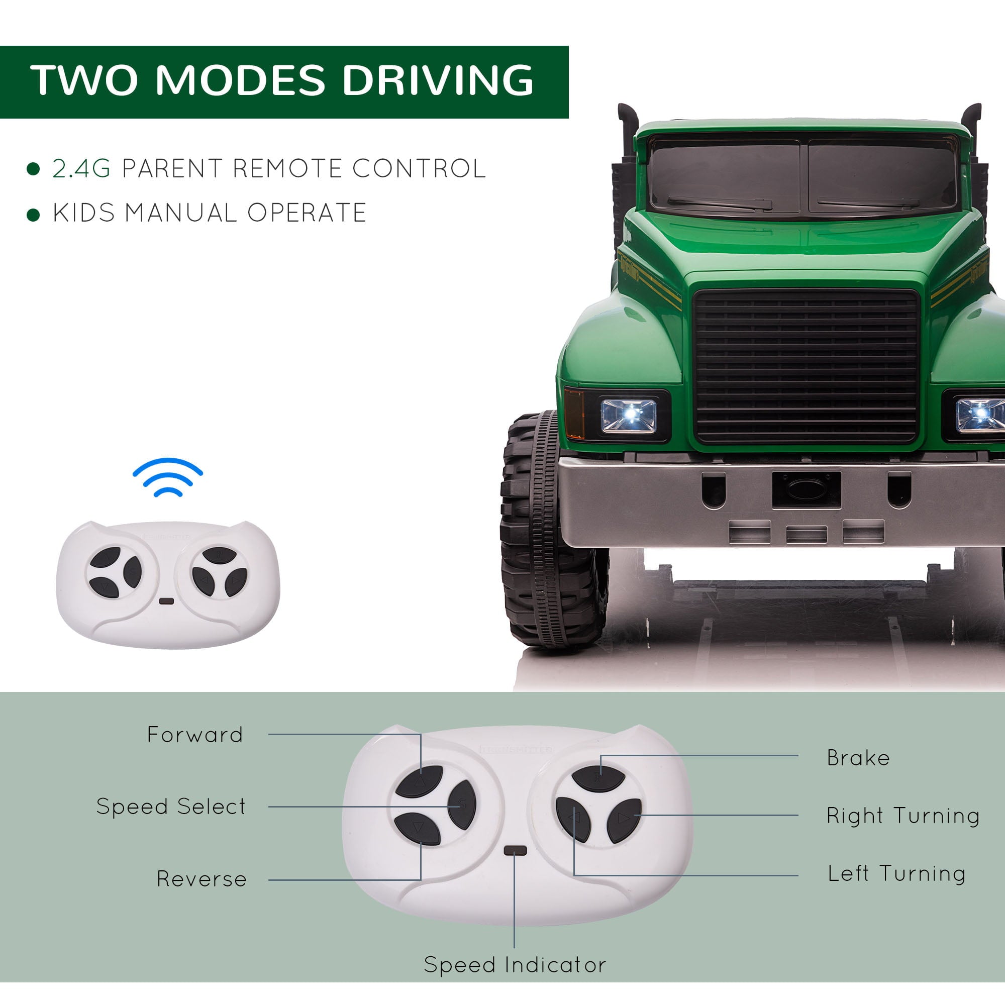 Aosom Ride-on Tractor 2-Seater Battery-Powered Car for Kids with Large High-Traction Wheels， 12V Truck Ride-on Toy with Rear Storage， Outdoor Toy， Green