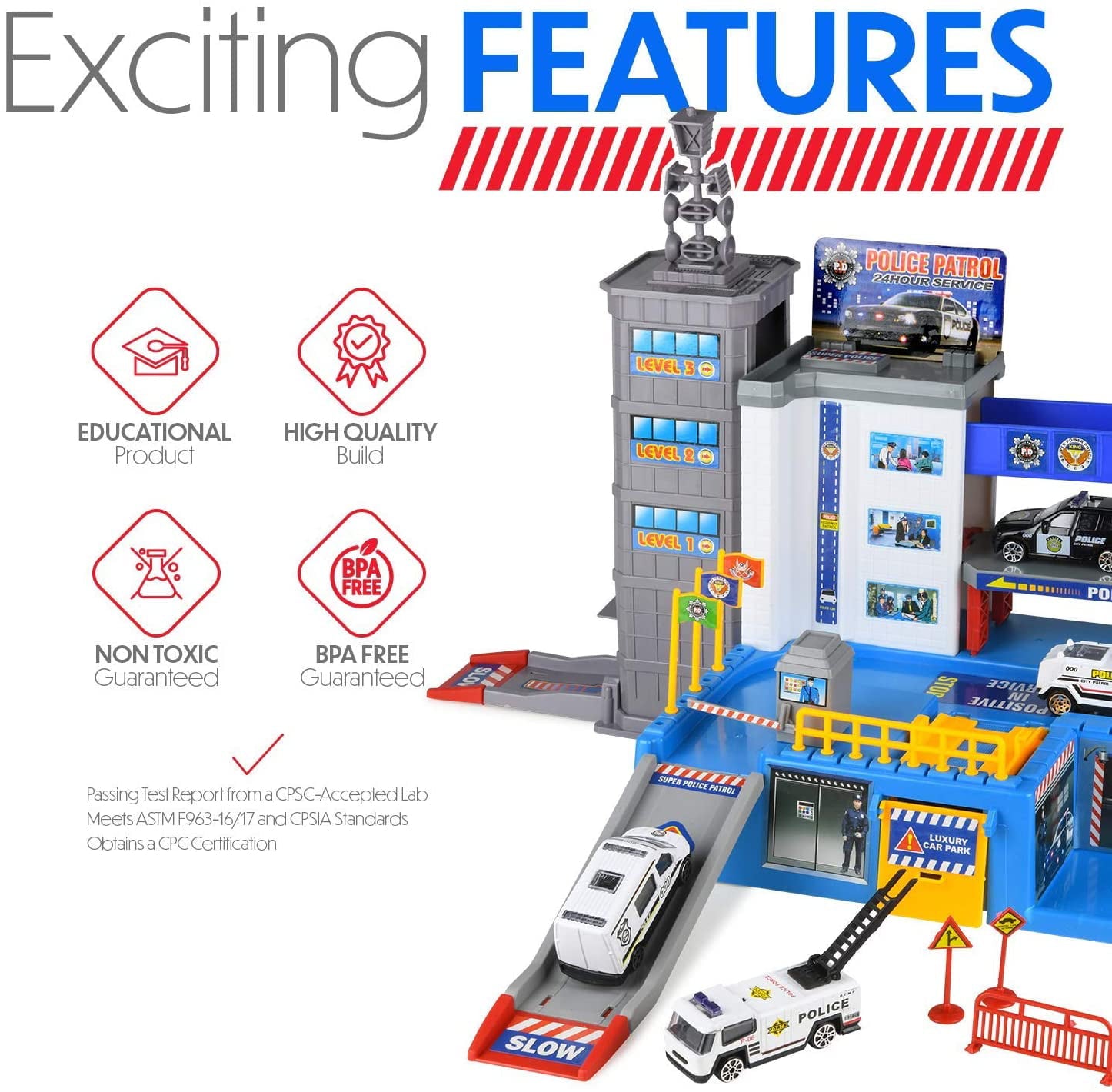 Police Car Toys for Boys - Matchbox Cars Playsets - Parking Lot Car Toys with Matchbox Track， Garage， 6 Police Car Toy Vehicles， 2 Police Men， 1 Helicopter - Toysical