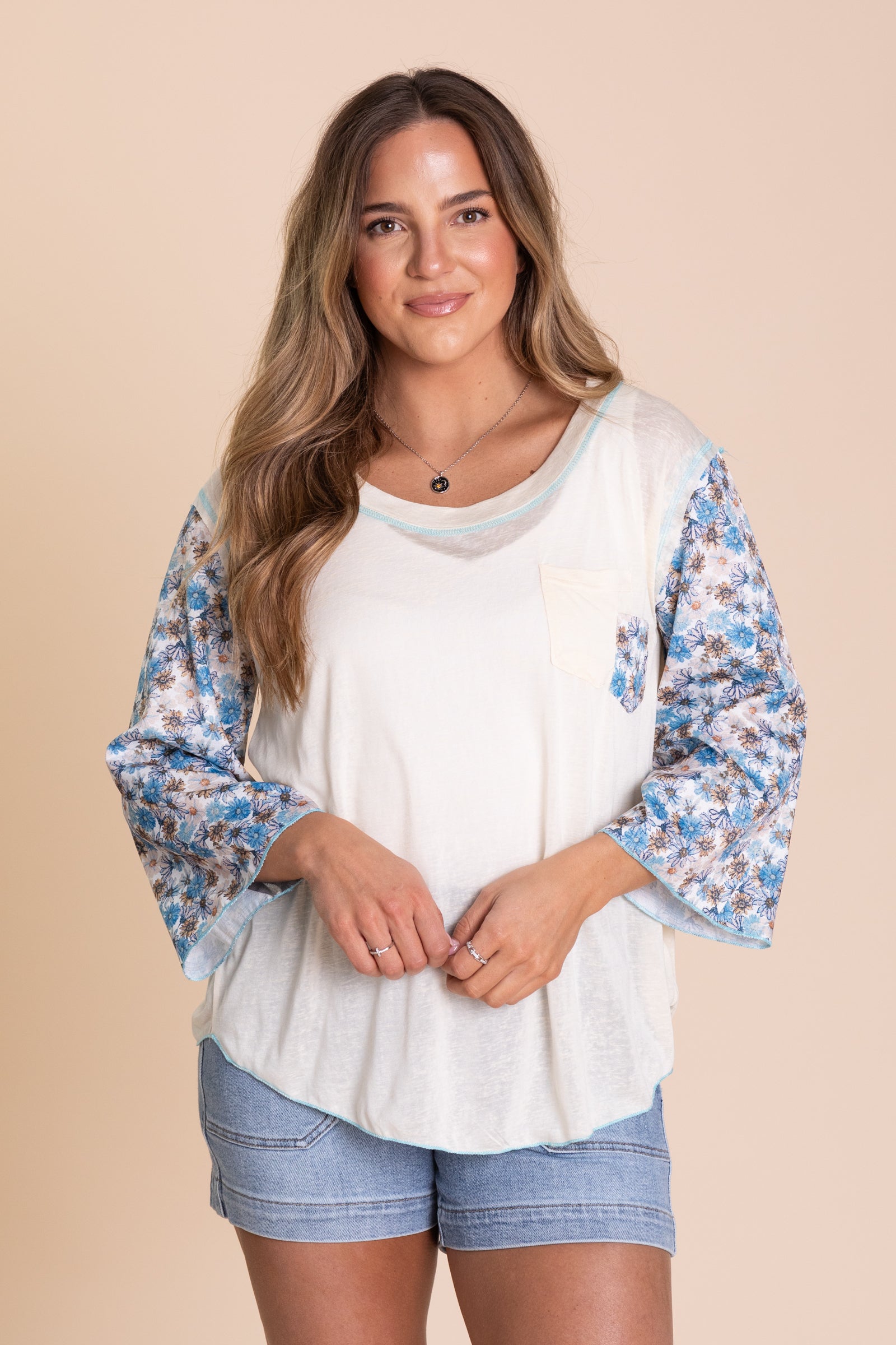 Cream Floral Pattern Long Sleeve Knit Top