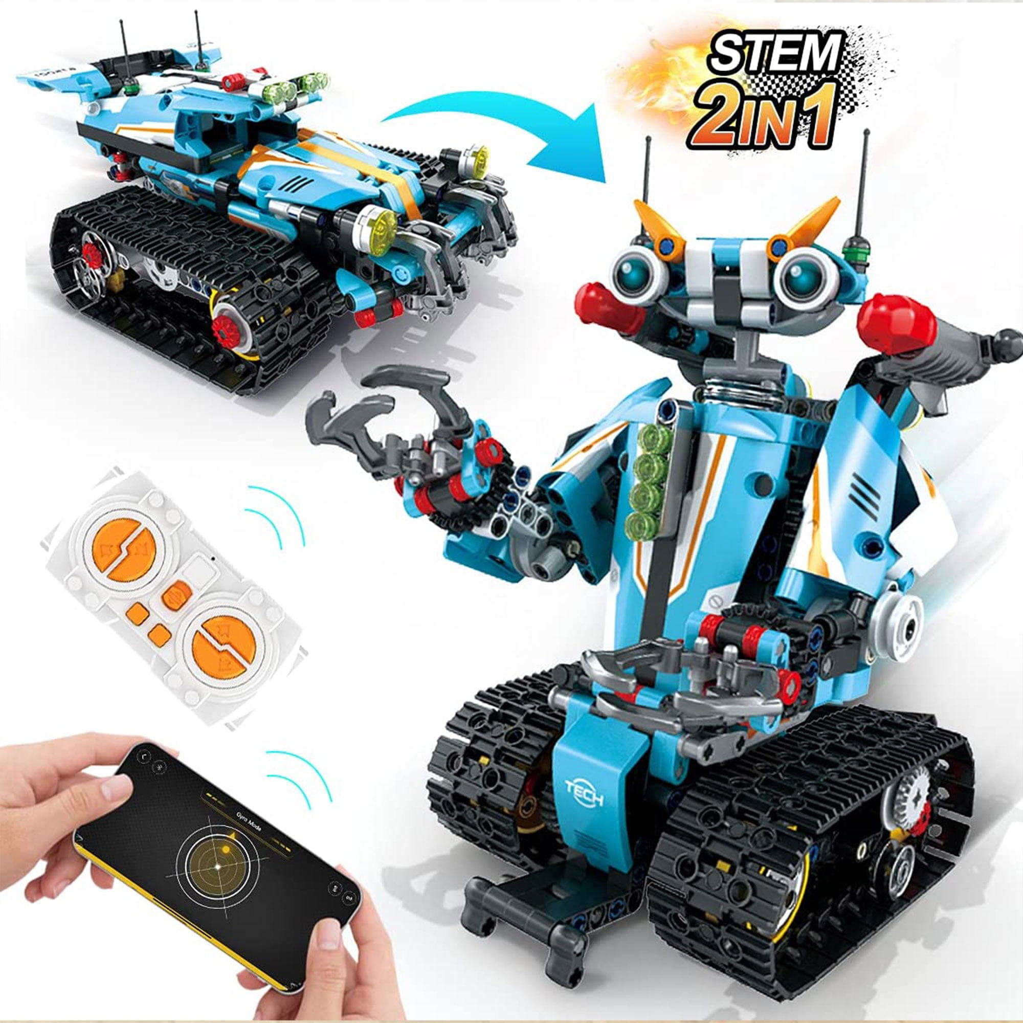 PANLOS 2 in 1 Programmable Remote Control Car Robot Buildable Playset， Blue