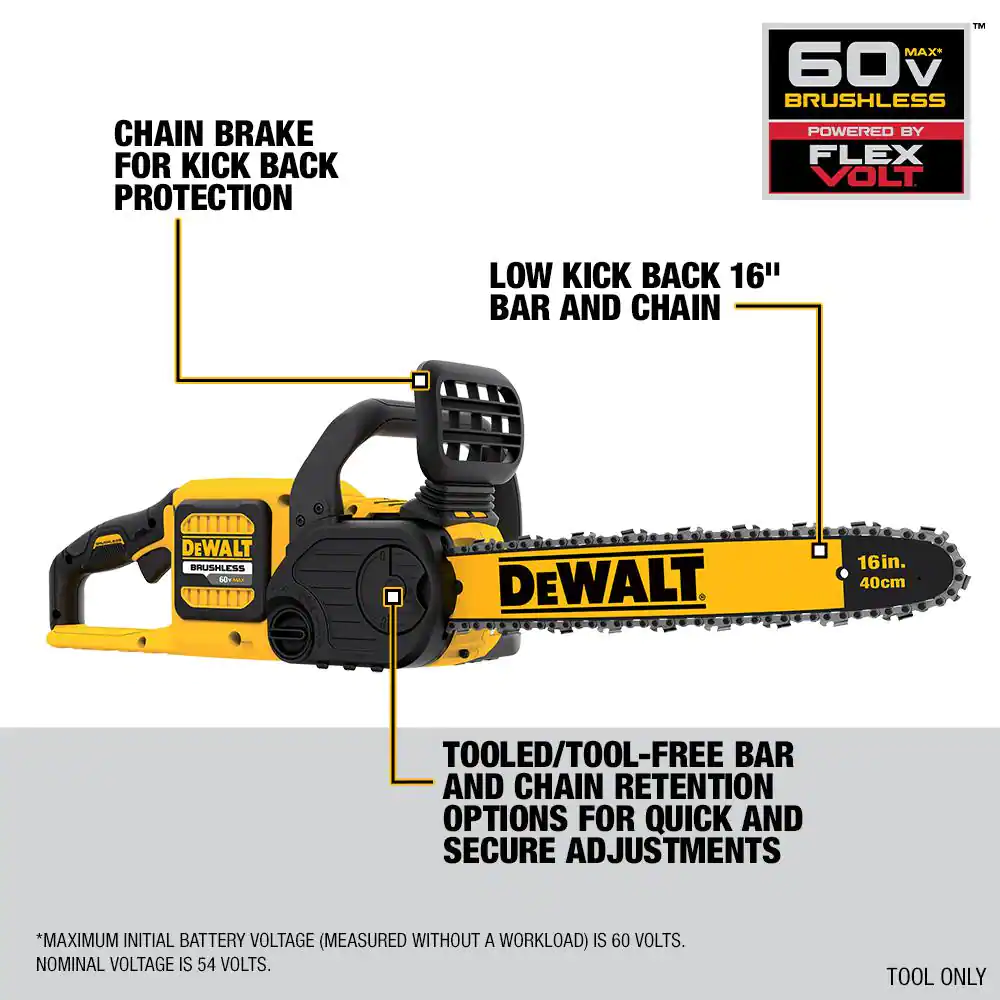 DEWALT DCCS670T1 16 in. 60V MAX Lithium-Ion Cordless FLEXVOLT Brushless Chainsaw with (1) 2.0Ah Battery and Charger Included