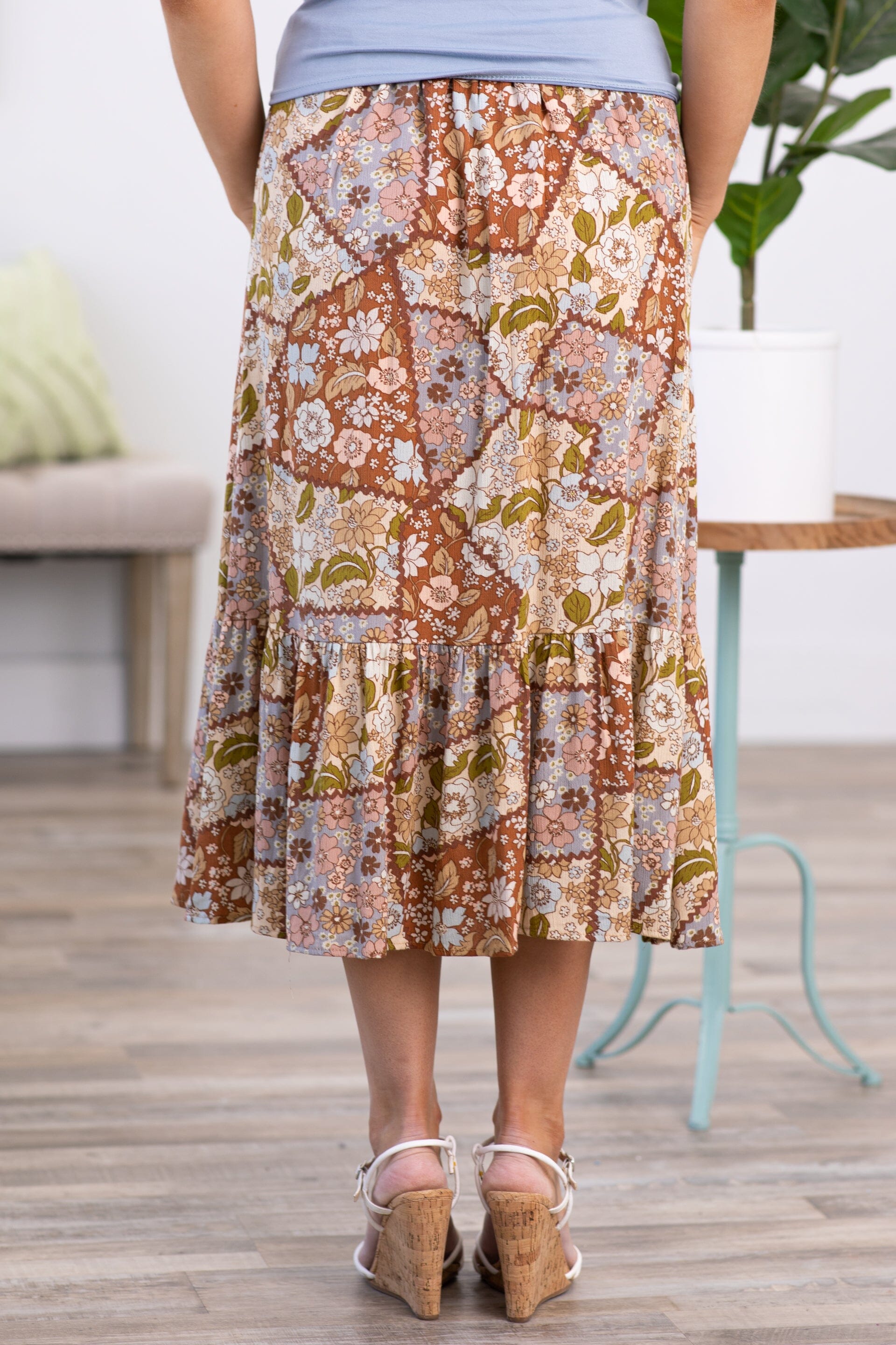 Chestnut and Grey Patchwork Floral Maxi Skirt