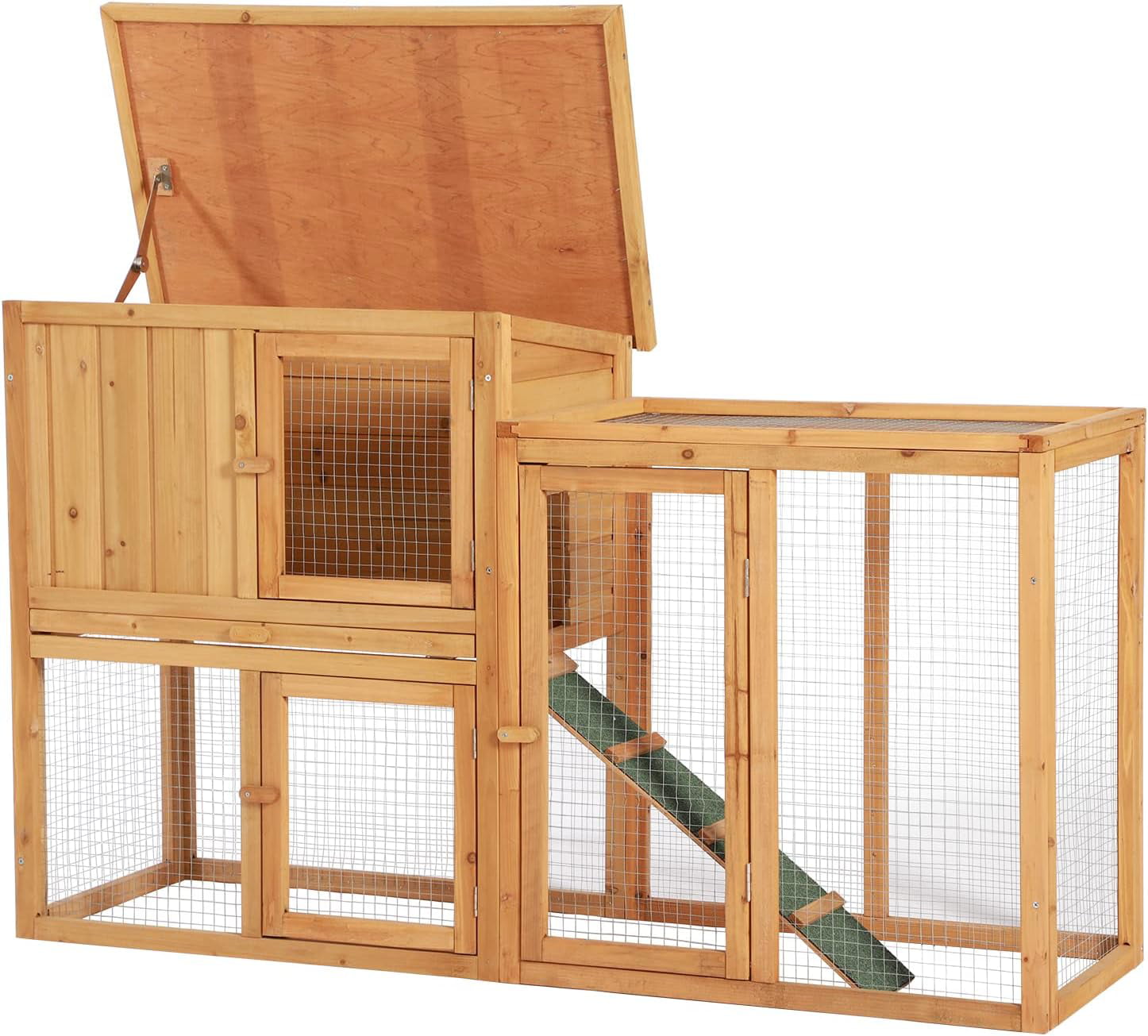 Wooden Rabbit Hutch - Chicken Coop Bunny Cage Poultry Pet House For Small Animals - Indoor Outdoor Pet Cage With Ventilation Door， Removable Tray， Ramp， Hinged Asphalt Roof