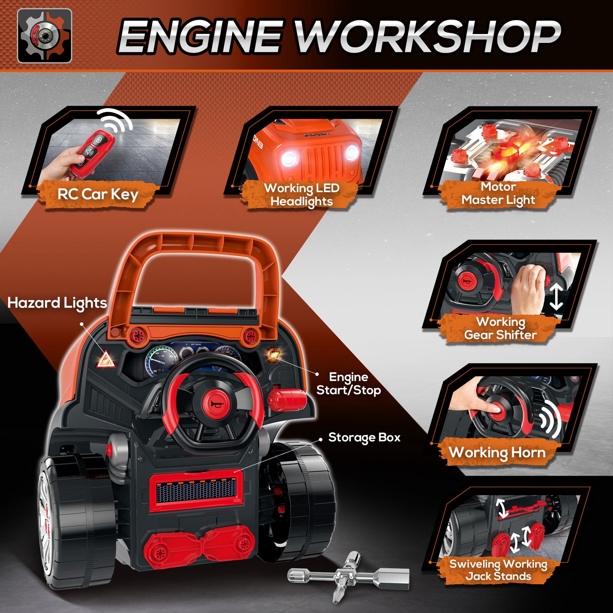 Qaba Truck Engine Maintenance Playset for Kids 61pc Service Station Toy， Orange