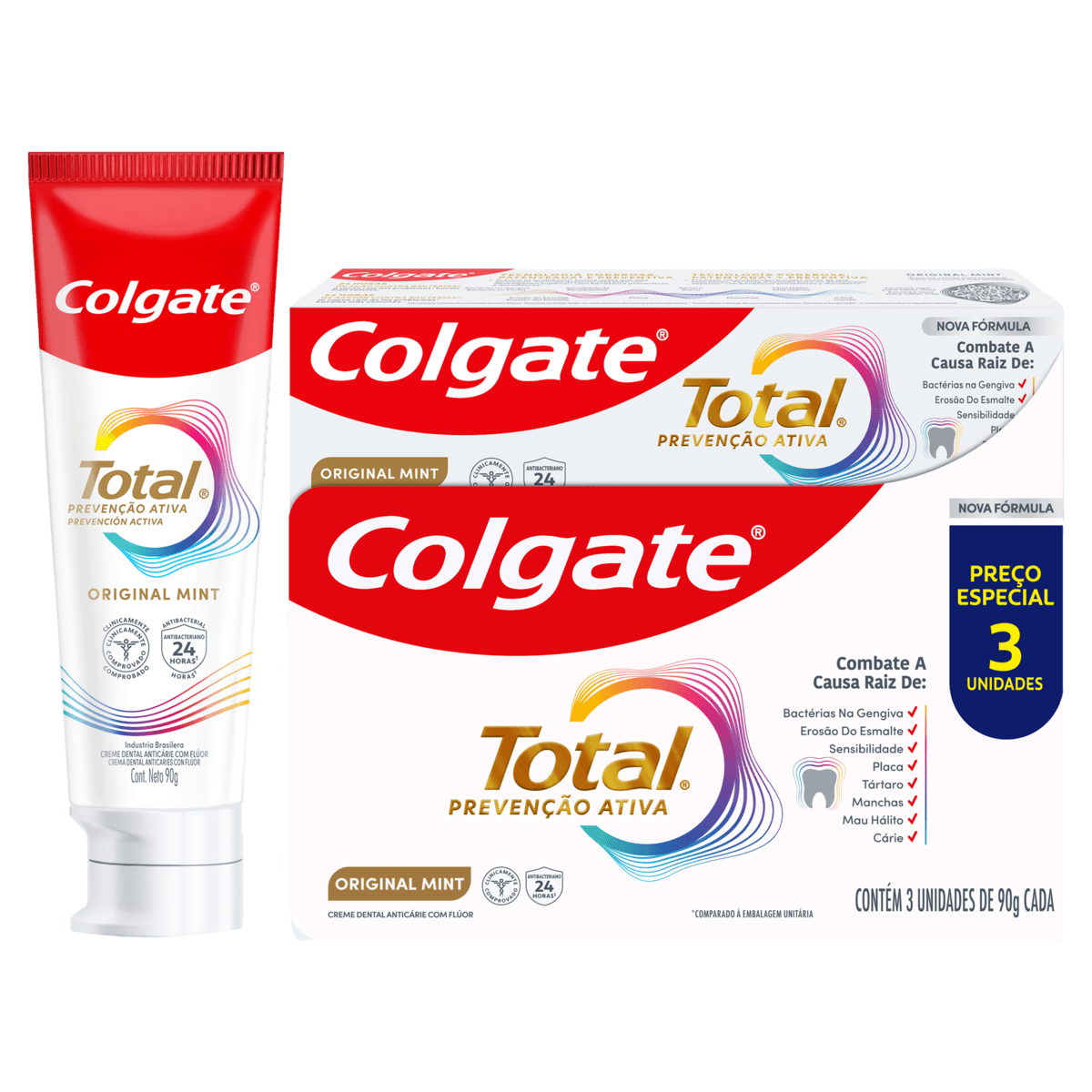 Pack Creme Dental Original Mint Colgate Total Prevencao Ativa Caixa 3 Unidades 90g Cada