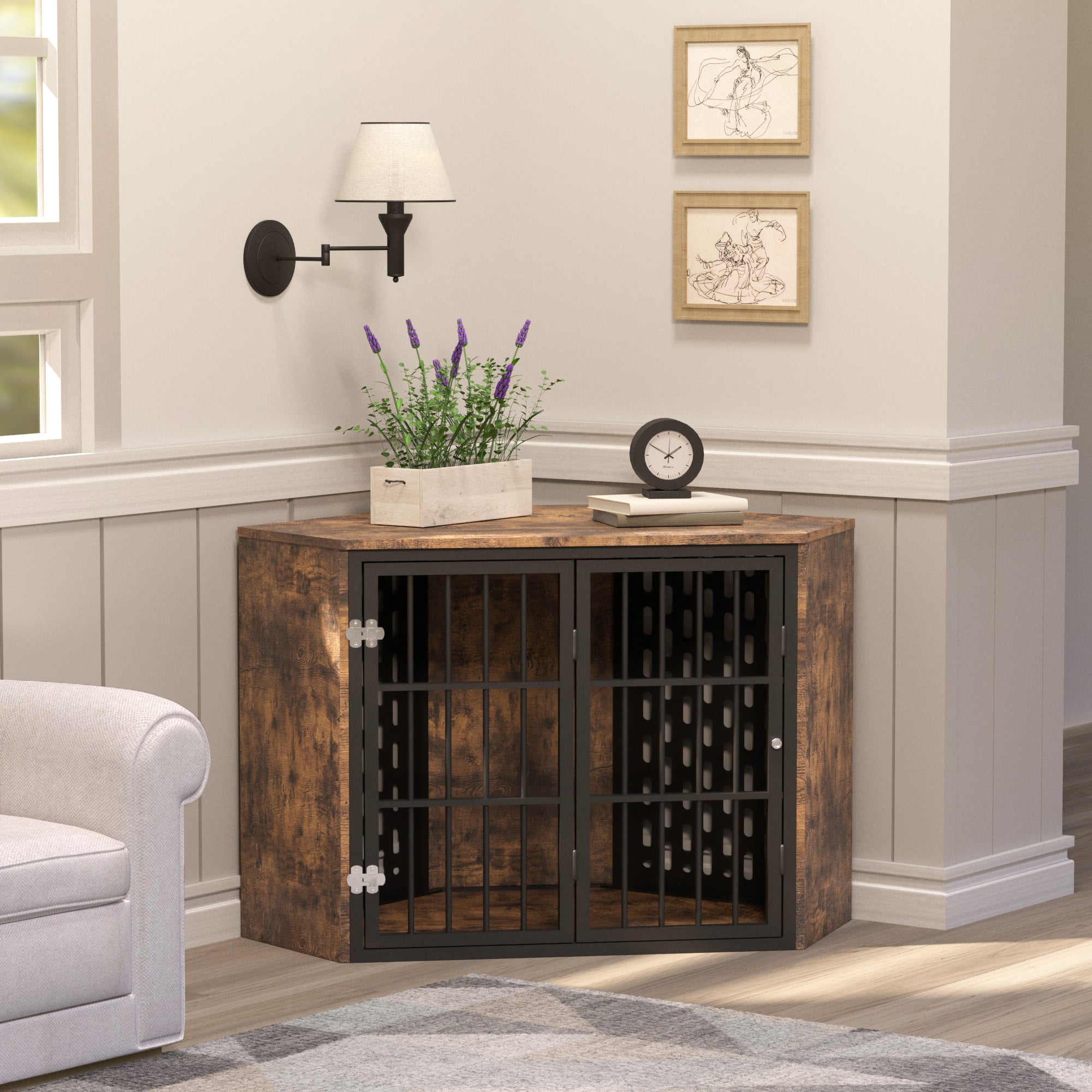 Corner Dog Crate Furniture for Small to Medium Dog， Wood Dog Kennel for Trained Dogs， Rustic Brown