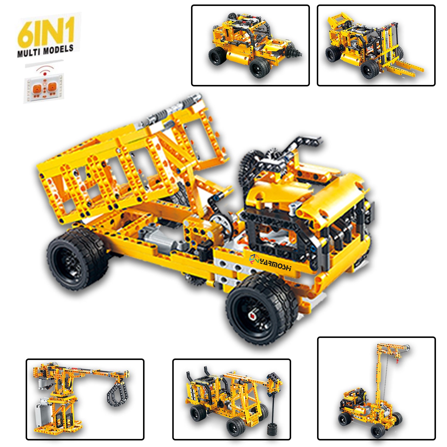 YARMOSHI RC Building Blocks Large Truck Turns Into Car and Crane Engineering Educational STEM Gift for Boys and Girls Model Cars Kit 718 PCS Remote Control USB Charger for Kids Teens Adults