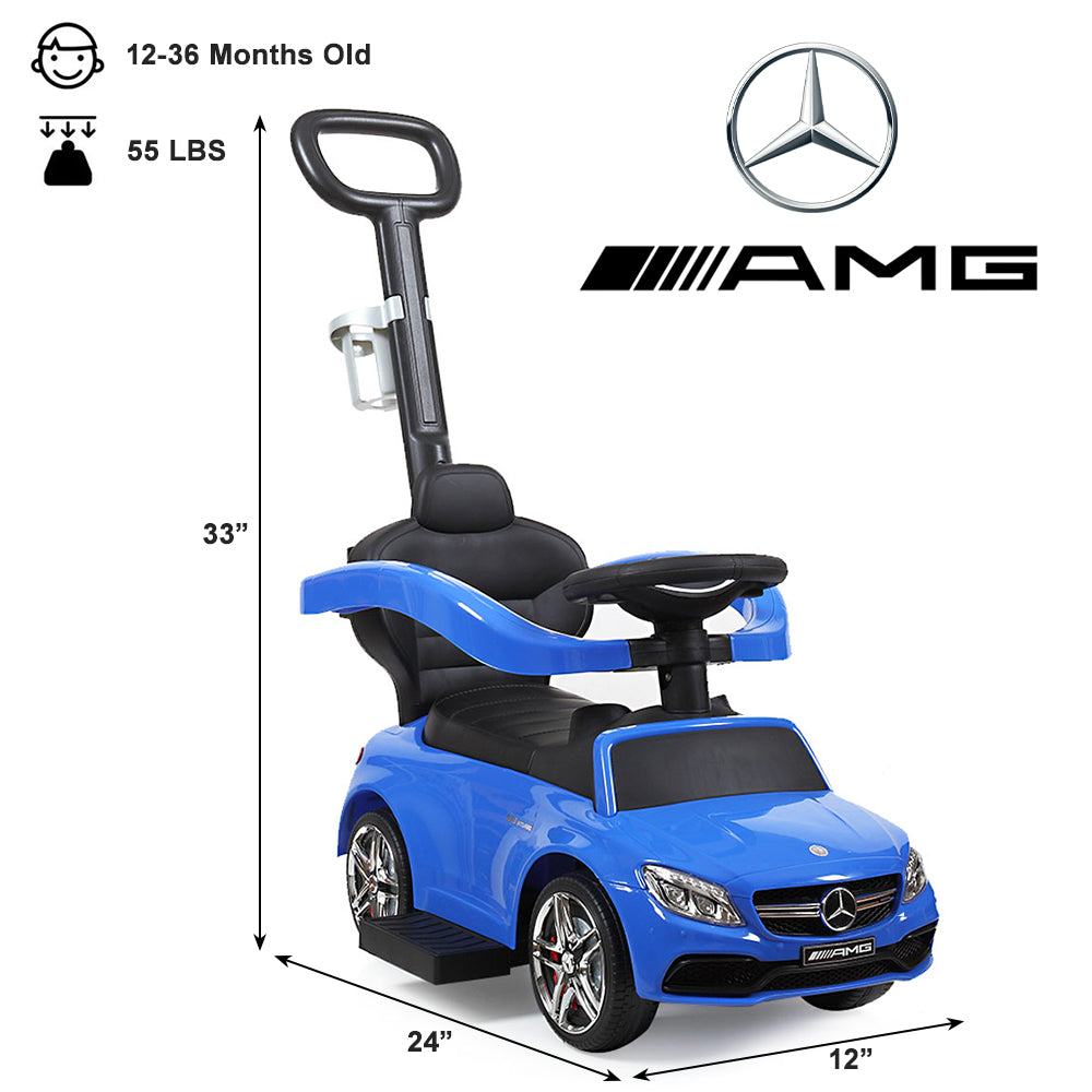iYofe Mercedes Licensed Kids Push Car， 3 In 1 Toddler Walker Stroller with Handle， Safety Bars， Backrest and Footrest， Music and Horn， Cup Holder， Storage Space， Baby Ride On Toy for 1-3 Years Old， Blue