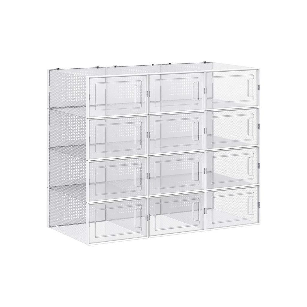 SONGMICS Pack of 12 Stackable Shoe BoxesTransparent + White/9.1 x 13.1 x 5.5 Inches