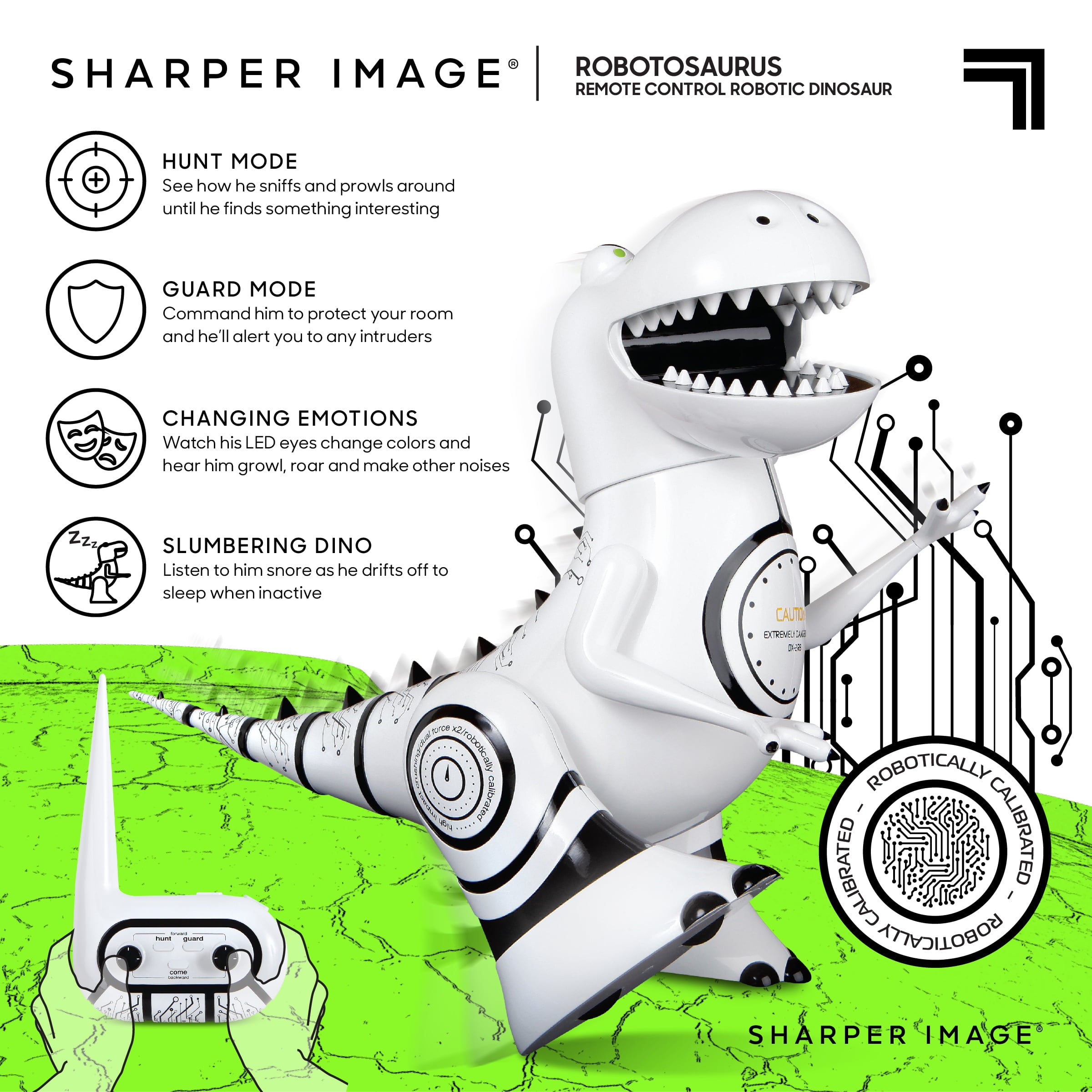 Sharper Image Interactive RC Robotosaur Dinosaur， Built-in Mood Sensors and Color-Changing LED Eyes， Motion Detection， Growls， Snores， Battery Operated- White/Black