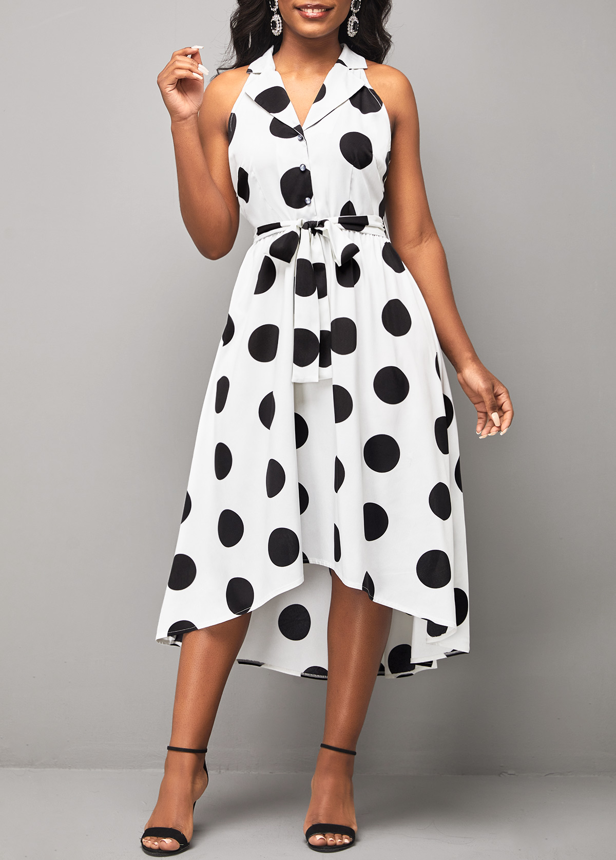 Turndown Collar Polka Dot White Belted Dress
