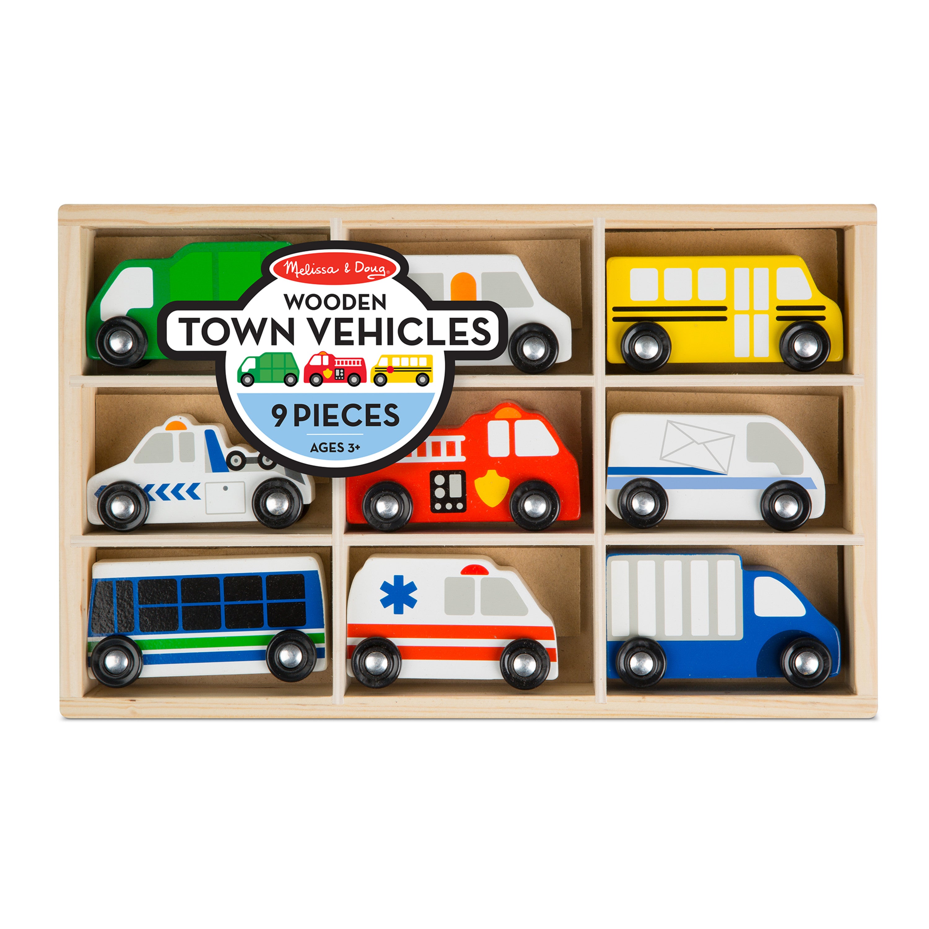 Melissa and Doug Wooden Town Vehicles Set in Wooden Tray (9 pcs)