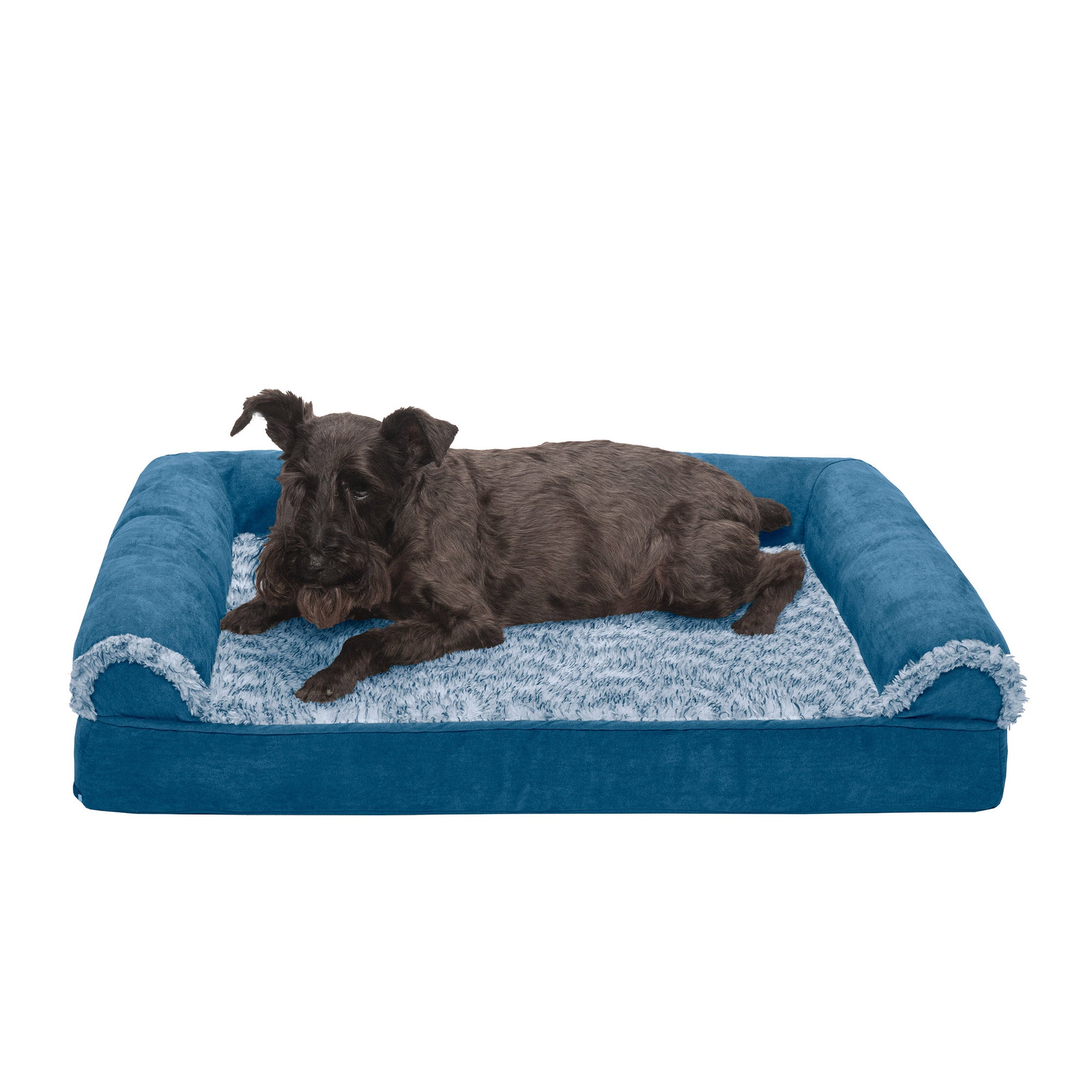 FurHaven Pet Dog Bed | Orthopedic Two-Tone Faux Fur and Suede Sofa-Style Couch Pet Bed for Dogs and Cats， Marine Blue， Medium