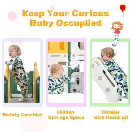 CHURANTY Kids Slide Playset Structure Indoor ， Castle Climber with Slide and Basketball Hoop，  Kids Climbers Playhouse for Outdoor Playground Activity，Toy Storage Organizer for Toddlers， Green