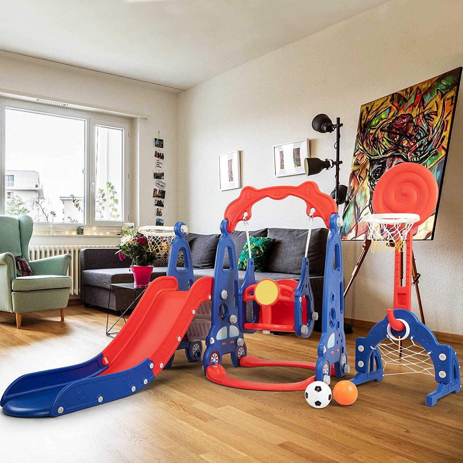 MOCA 5 in 1 Kids Slide for Toddlers Age 1-3 Slide and Swing Set for Children Baby Indoor Outdoor， Playsets Playground Sets for Backyards Plastic(Blue)