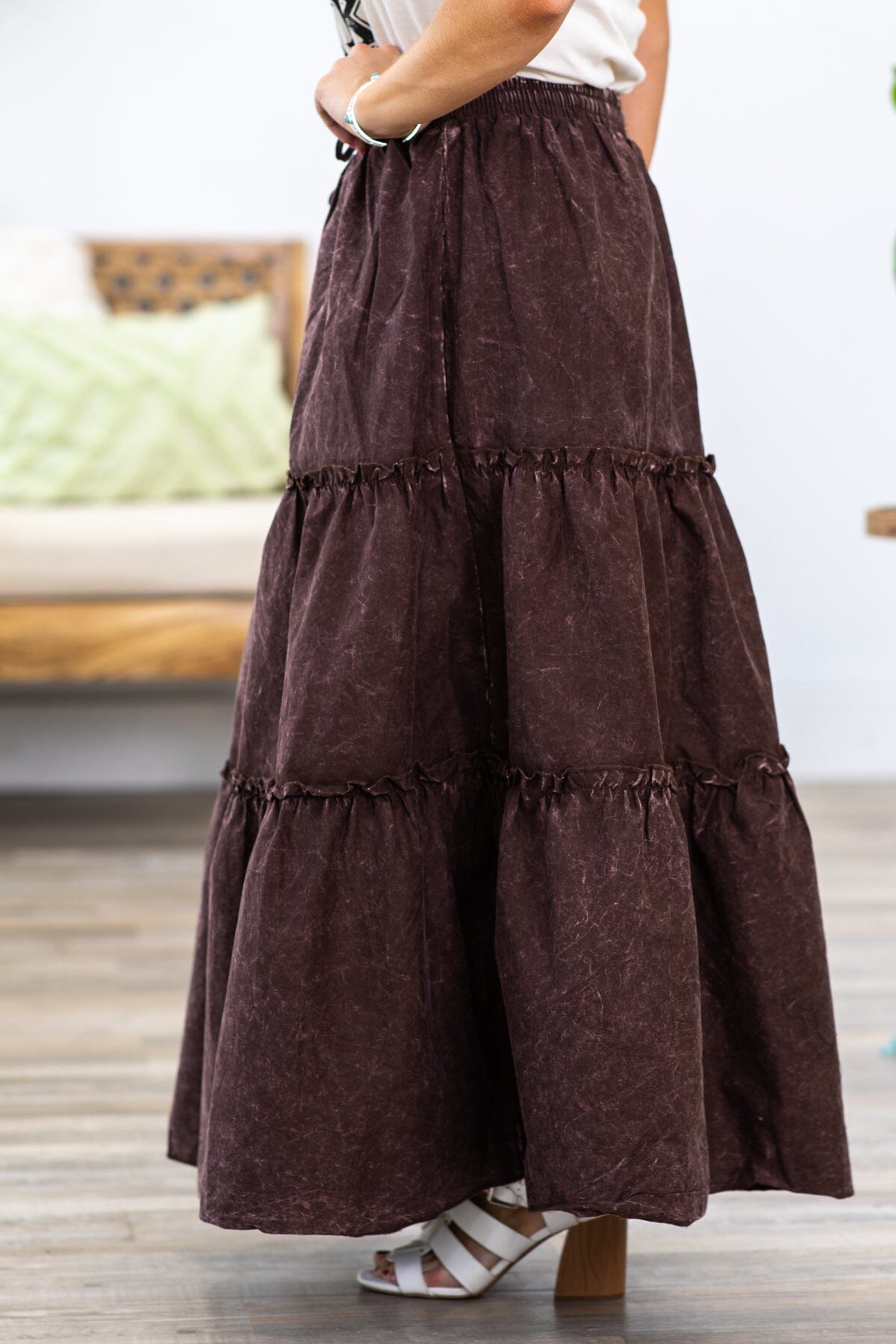 Brown Washed Elastic Waist Maxi Skirt